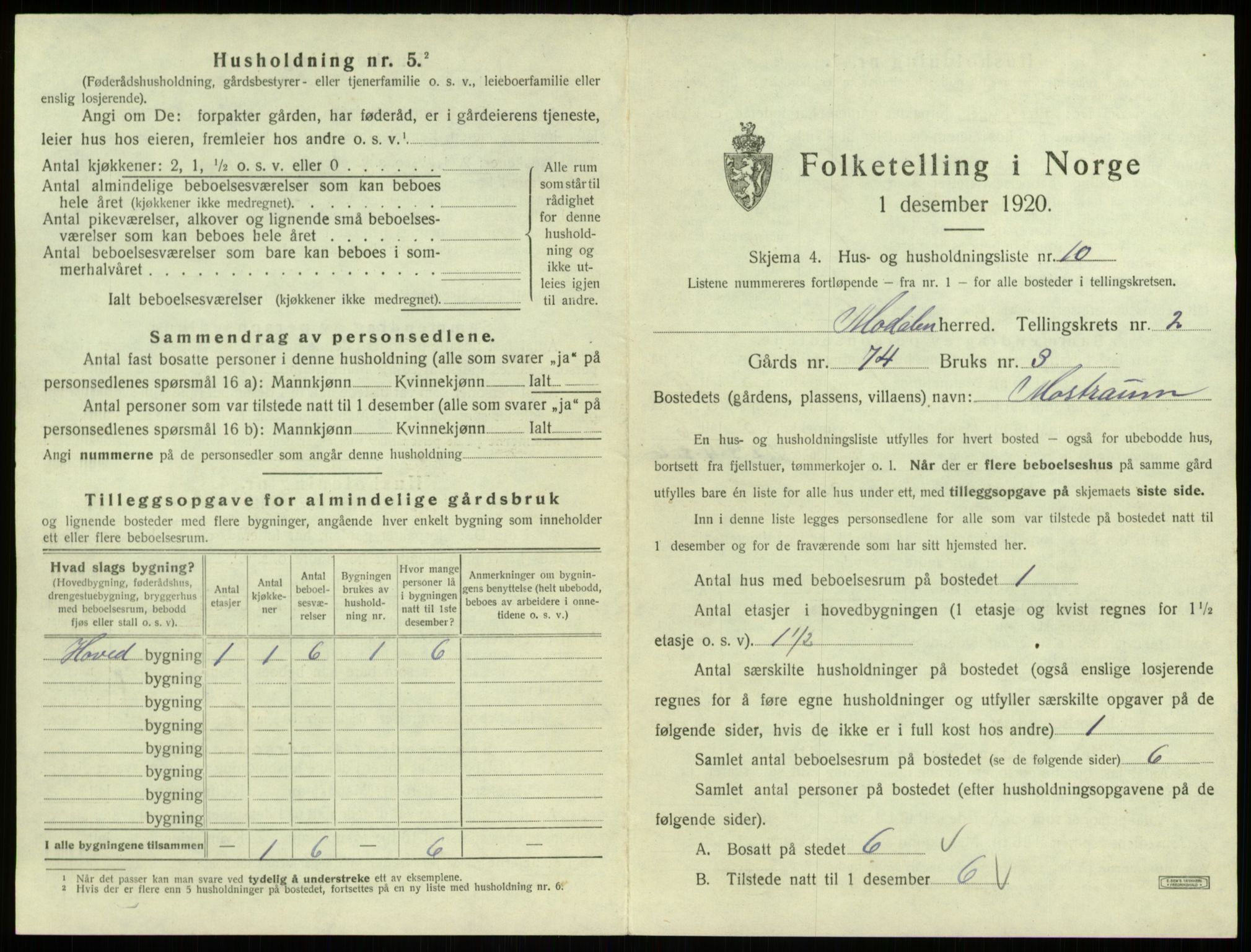 SAB, 1920 census for Modalen, 1920, p. 68