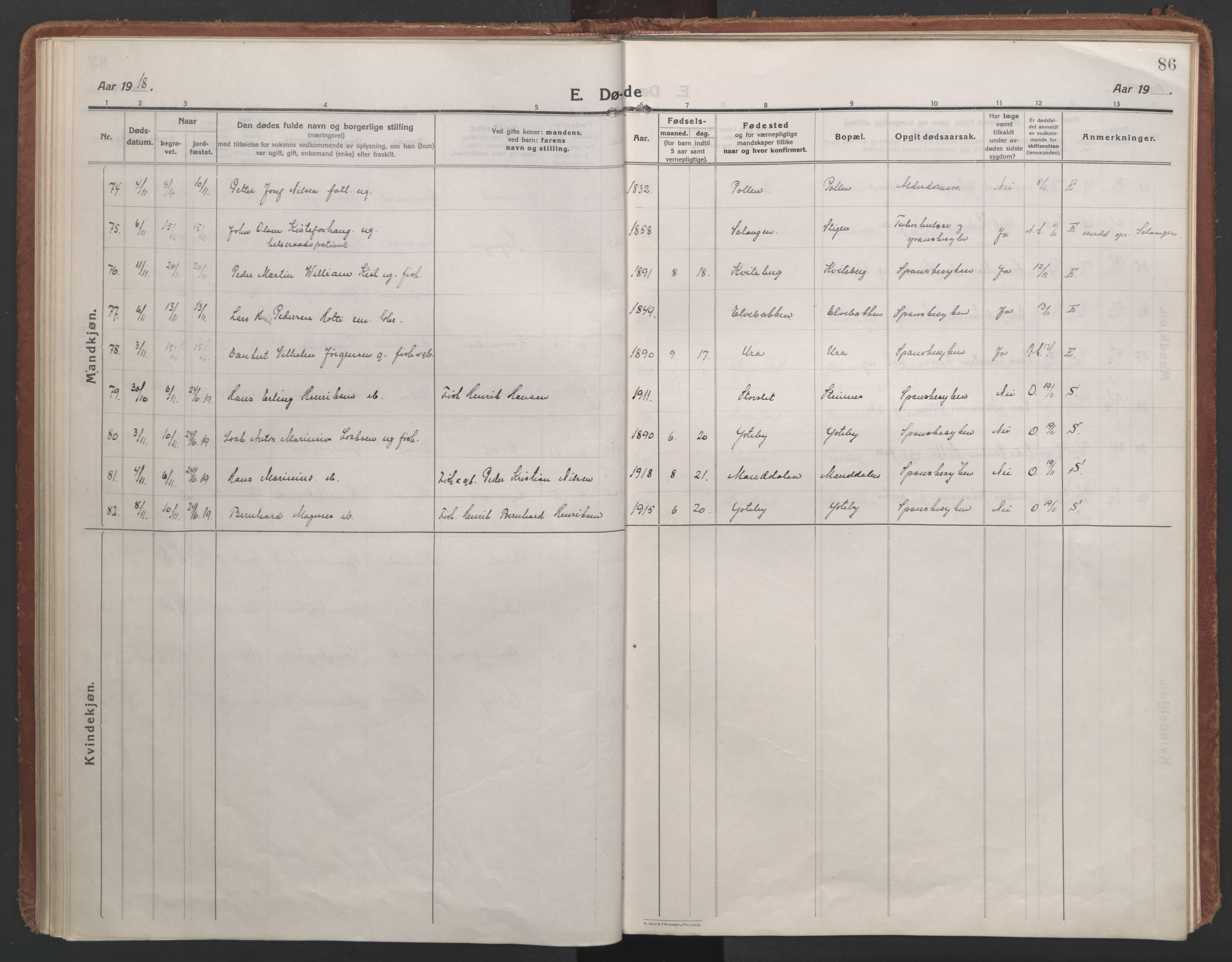 Lyngen sokneprestembete, AV/SATØ-S-1289/H/He/Hea/L0013kirke: Parish register (official) no. 13, 1914-1923, p. 86