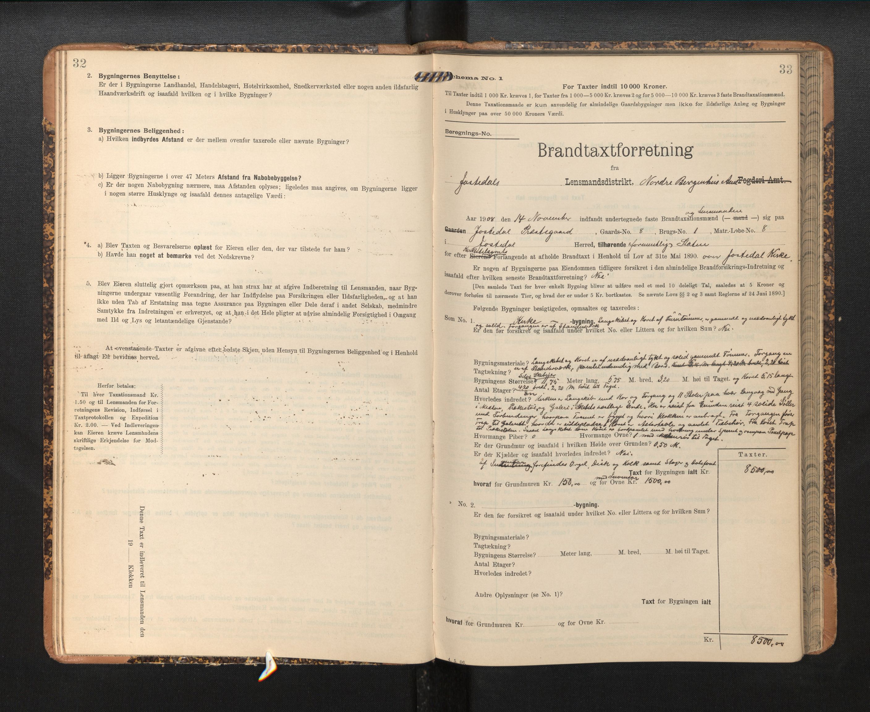 Lensmannen i Jostedal, SAB/A-28601/0012/L0004: Branntakstprotokoll, skjematakst, 1906-1919, p. 32-33