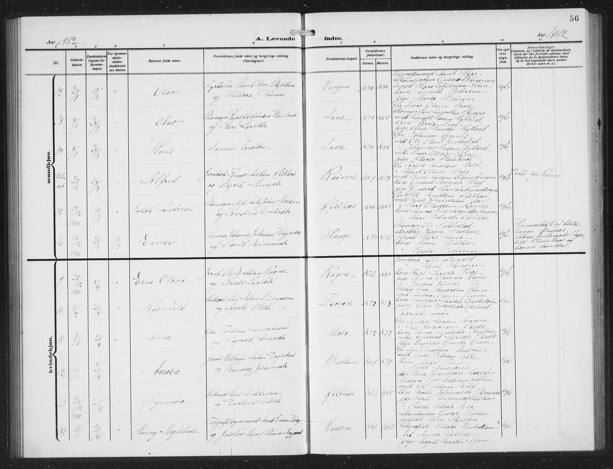 Voss sokneprestembete, AV/SAB-A-79001/H/Hab: Parish register (copy) no. C 3, 1909-1920, p. 56