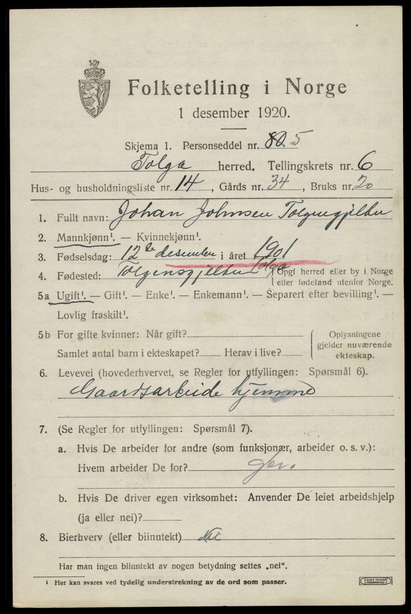 SAH, 1920 census for Tolga, 1920, p. 3783