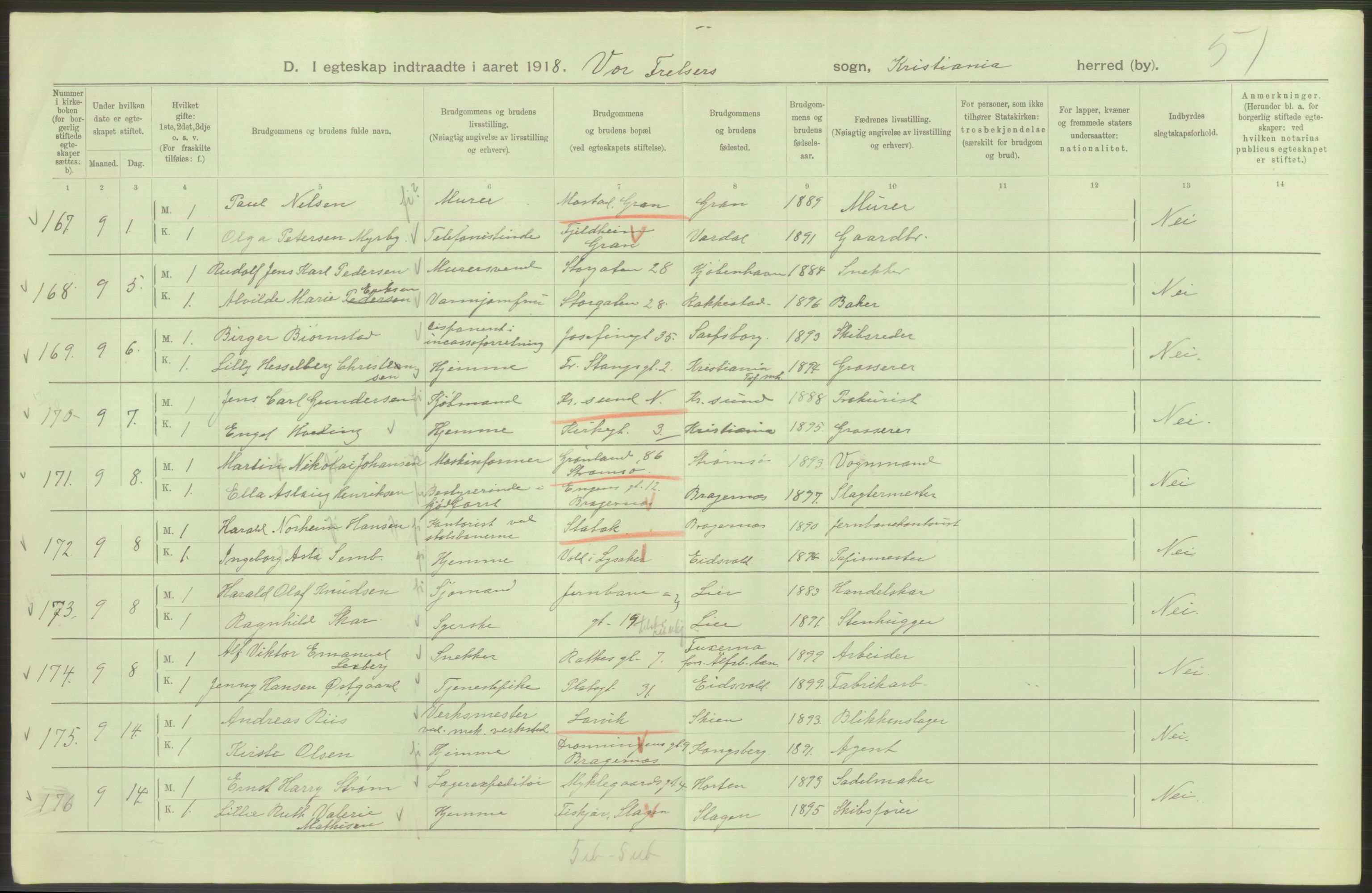 Statistisk sentralbyrå, Sosiodemografiske emner, Befolkning, AV/RA-S-2228/D/Df/Dfb/Dfbh/L0009: Kristiania: Gifte, 1918, p. 92