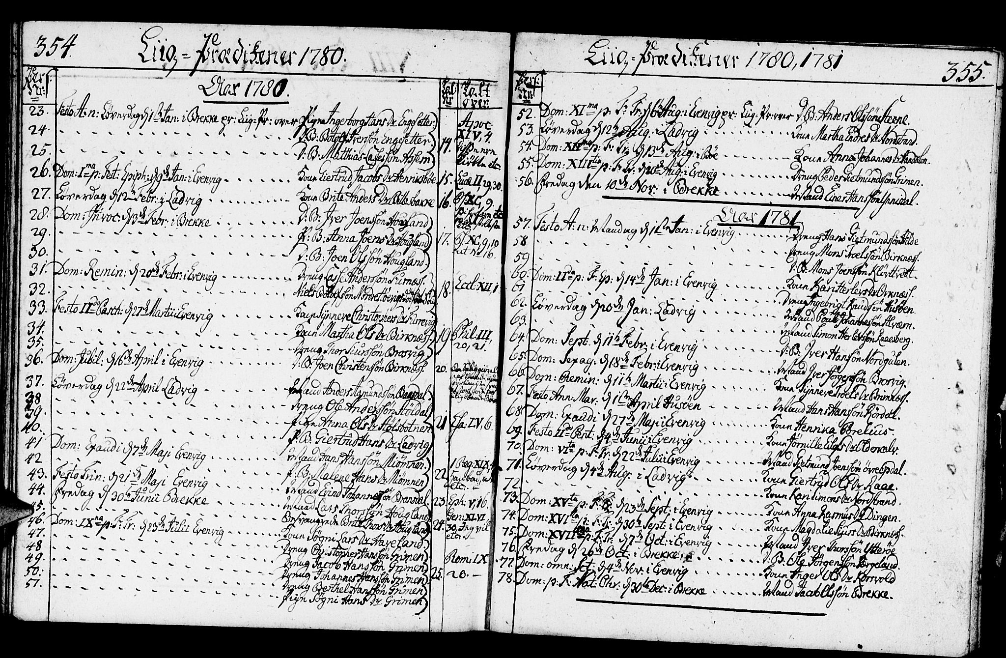 Gulen sokneprestembete, SAB/A-80201/H/Haa/Haaa/L0014: Parish register (official) no. A 14, 1779-1788, p. 354-355