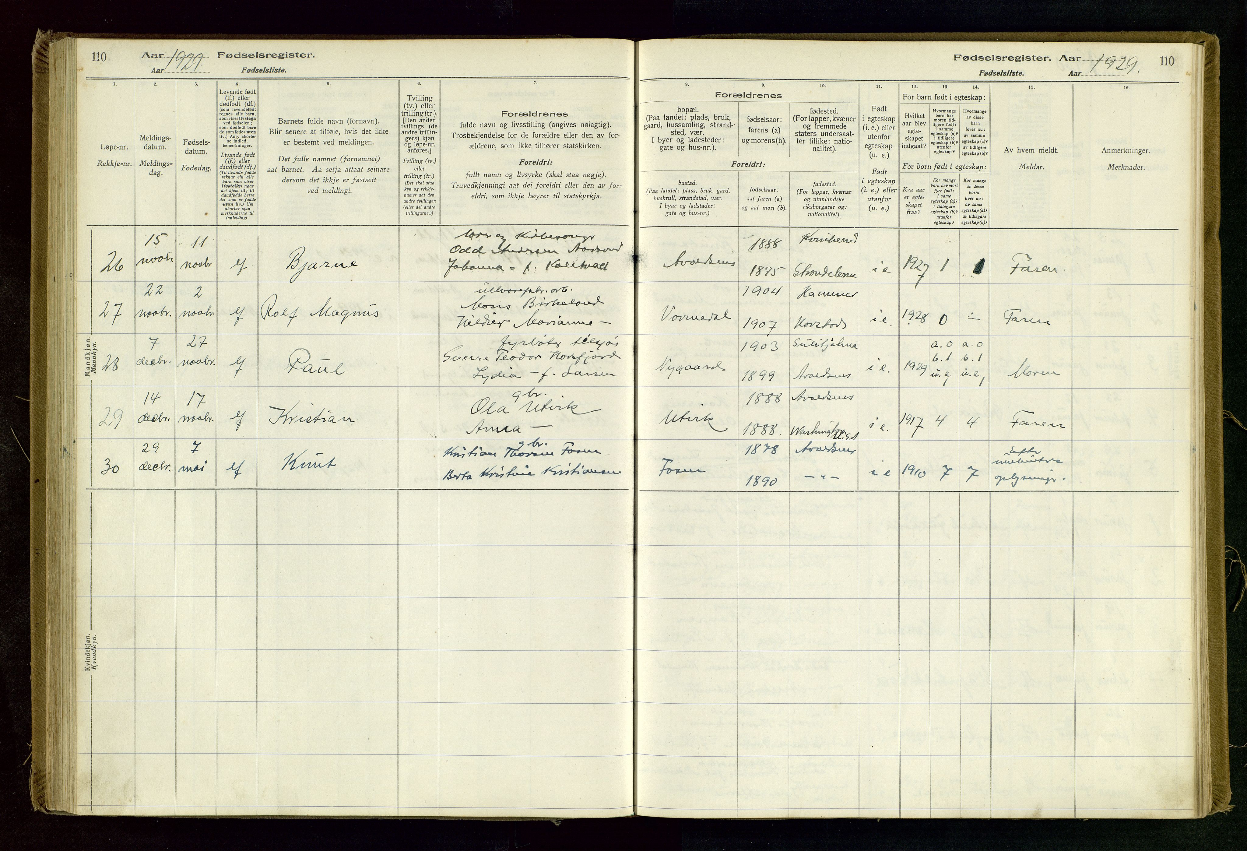 Avaldsnes sokneprestkontor, AV/SAST-A -101851/I/Id/L0001: Birth register no. 1, 1916-1946, p. 110