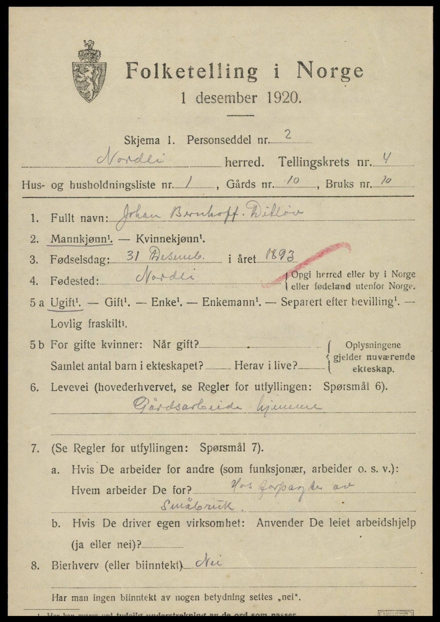 SAT, 1920 census for Nordli, 1920, p. 1839