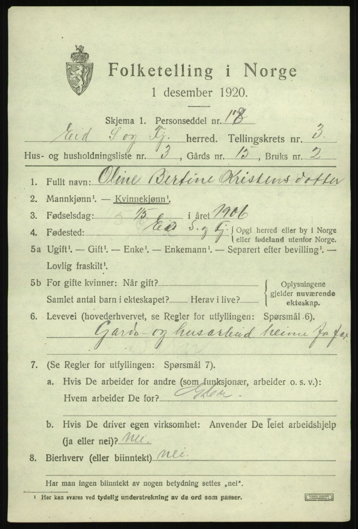 SAB, 1920 census for Eid, 1920, p. 2032