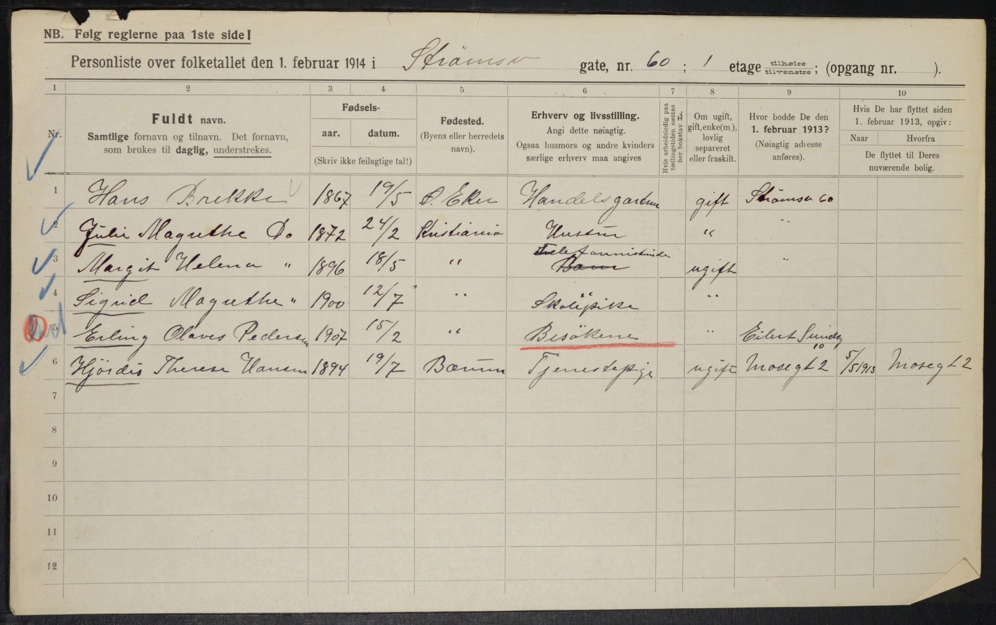 OBA, Municipal Census 1914 for Kristiania, 1914, p. 105119