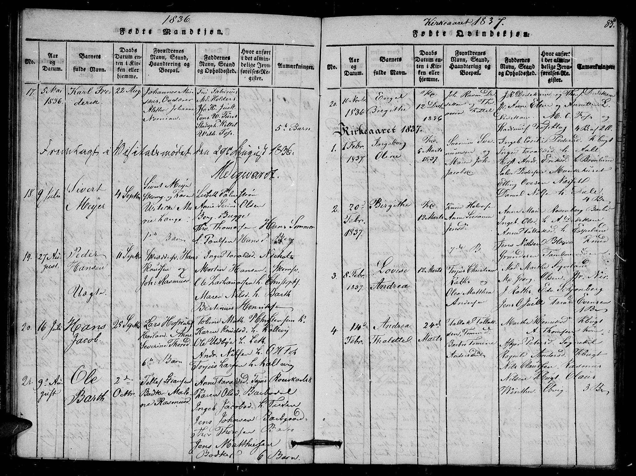 Arendal sokneprestkontor, Trefoldighet, SAK/1111-0040/F/Fb/L0001: Parish register (copy) no. B 1, 1816-1838, p. 85