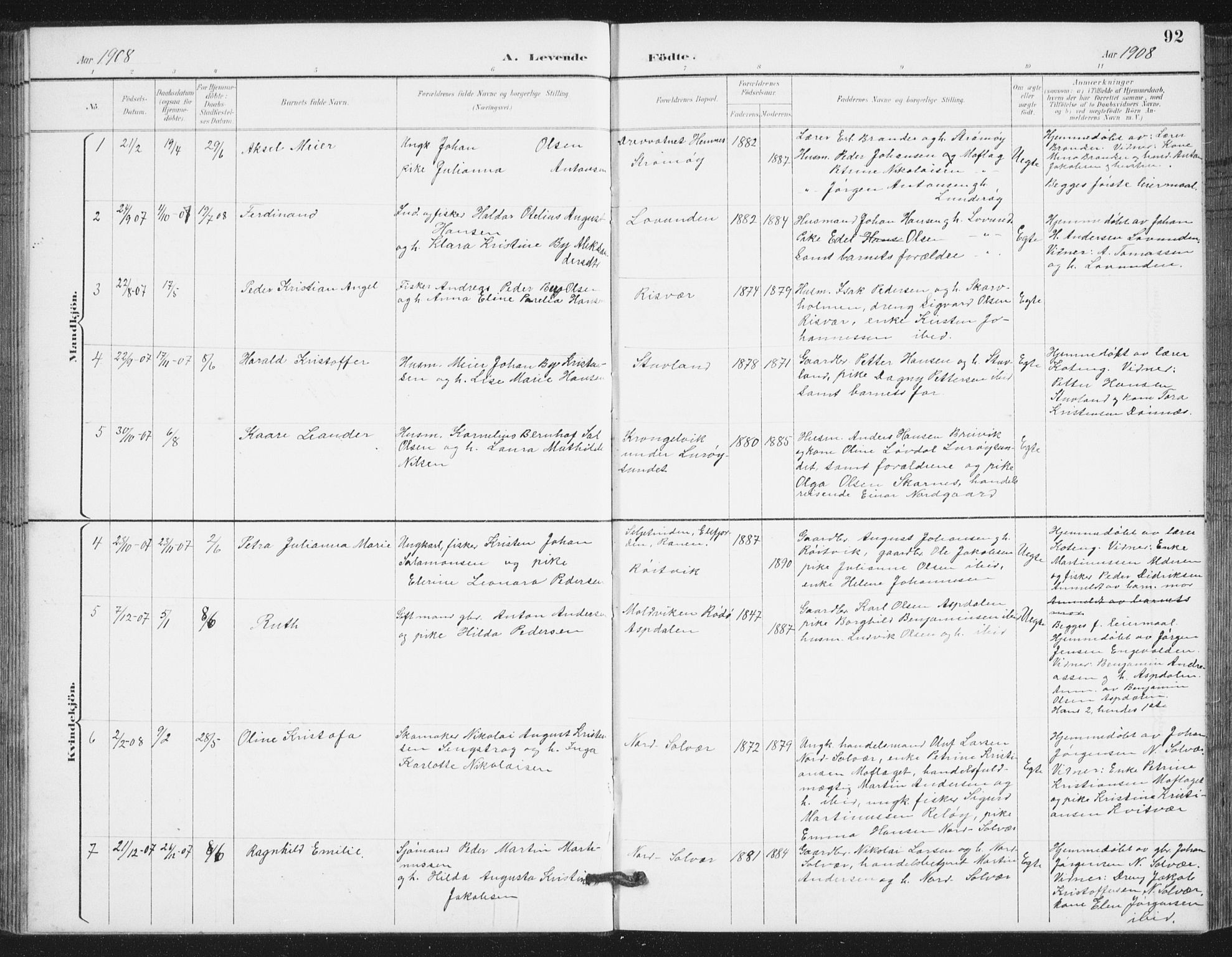 Ministerialprotokoller, klokkerbøker og fødselsregistre - Nordland, AV/SAT-A-1459/839/L0573: Parish register (copy) no. 839C03, 1892-1917, p. 92