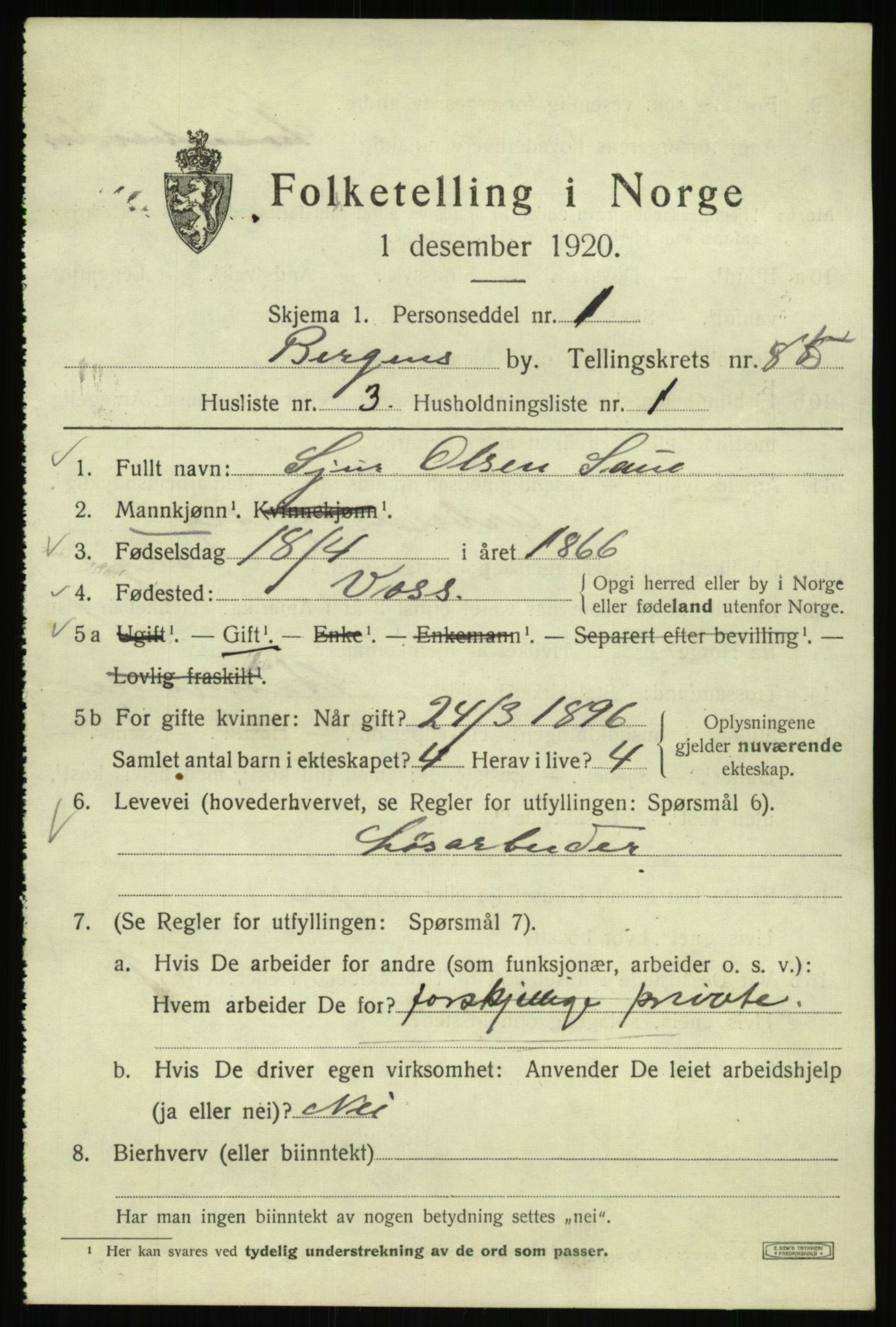 SAB, 1920 census for Bergen, 1920, p. 157073