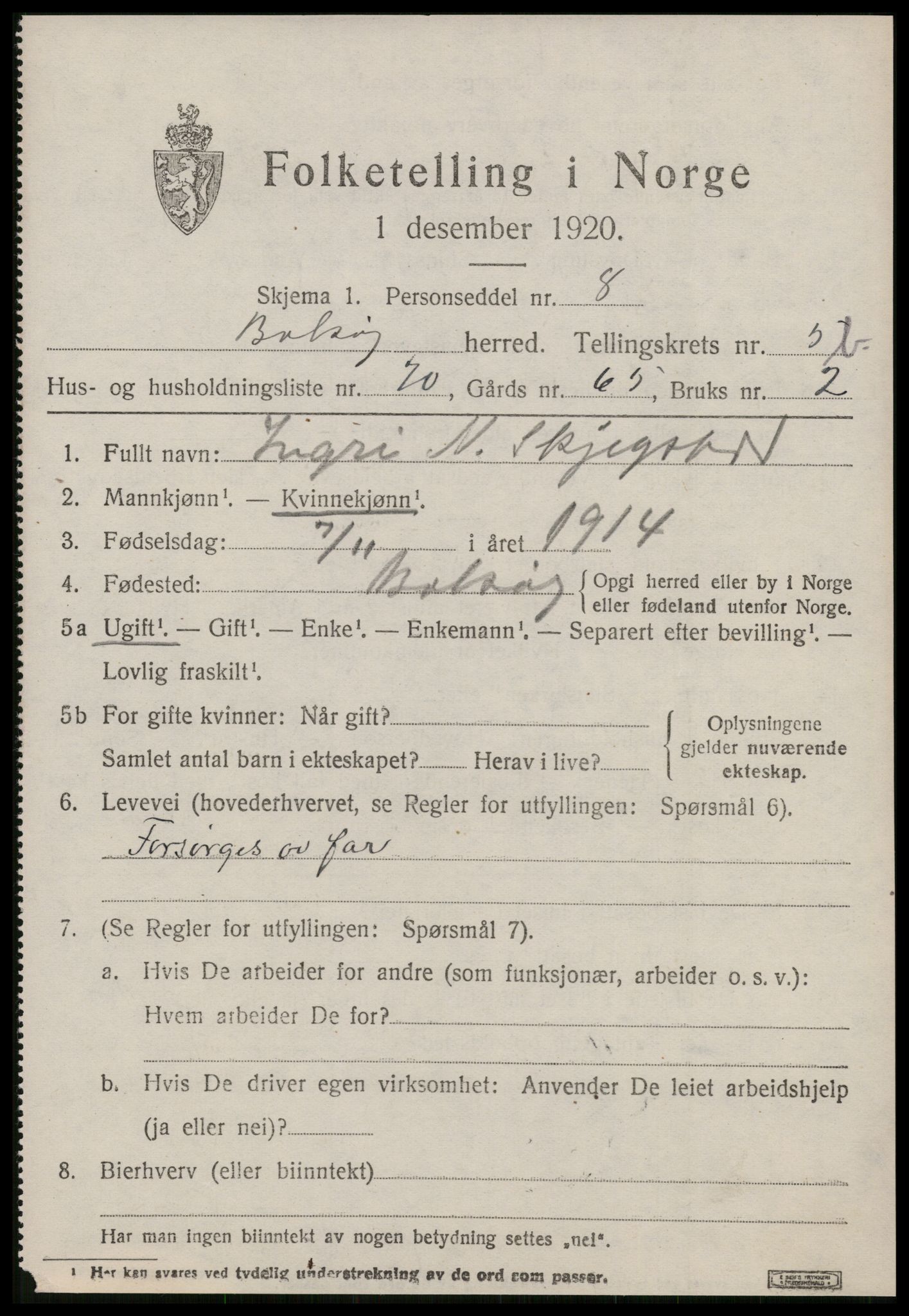 SAT, 1920 census for Bolsøy, 1920, p. 8223