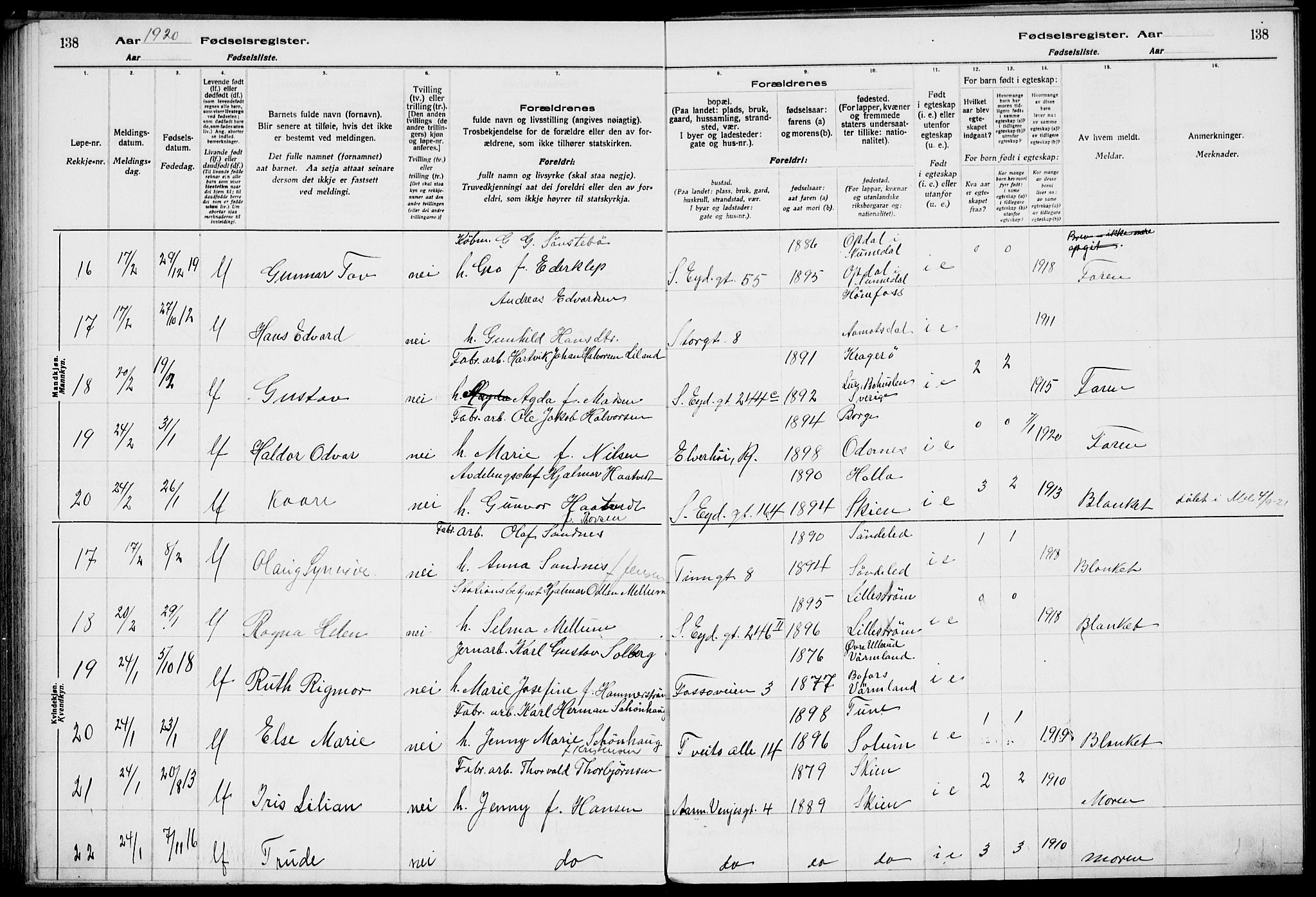 Rjukan kirkebøker, AV/SAKO-A-294/J/Ja/L0001: Birth register no. 1, 1916-1922, p. 138