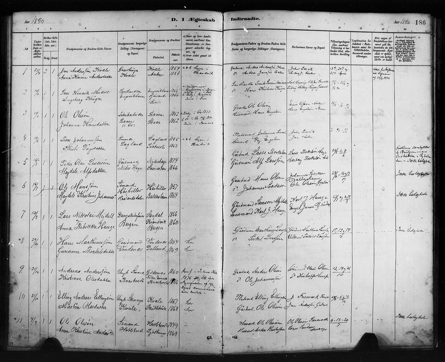 Fusa sokneprestembete, SAB/A-75401/H/Hab: Parish register (copy) no. C 2, 1886-1926, p. 186