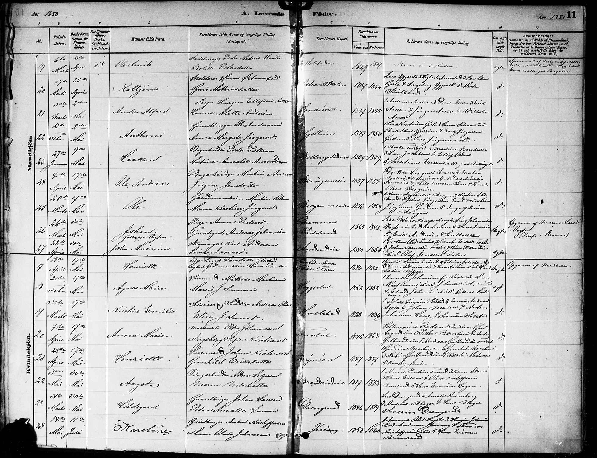 Asker prestekontor Kirkebøker, SAO/A-10256a/F/Fa/L0013: Parish register (official) no. I 13, 1879-1896, p. 11