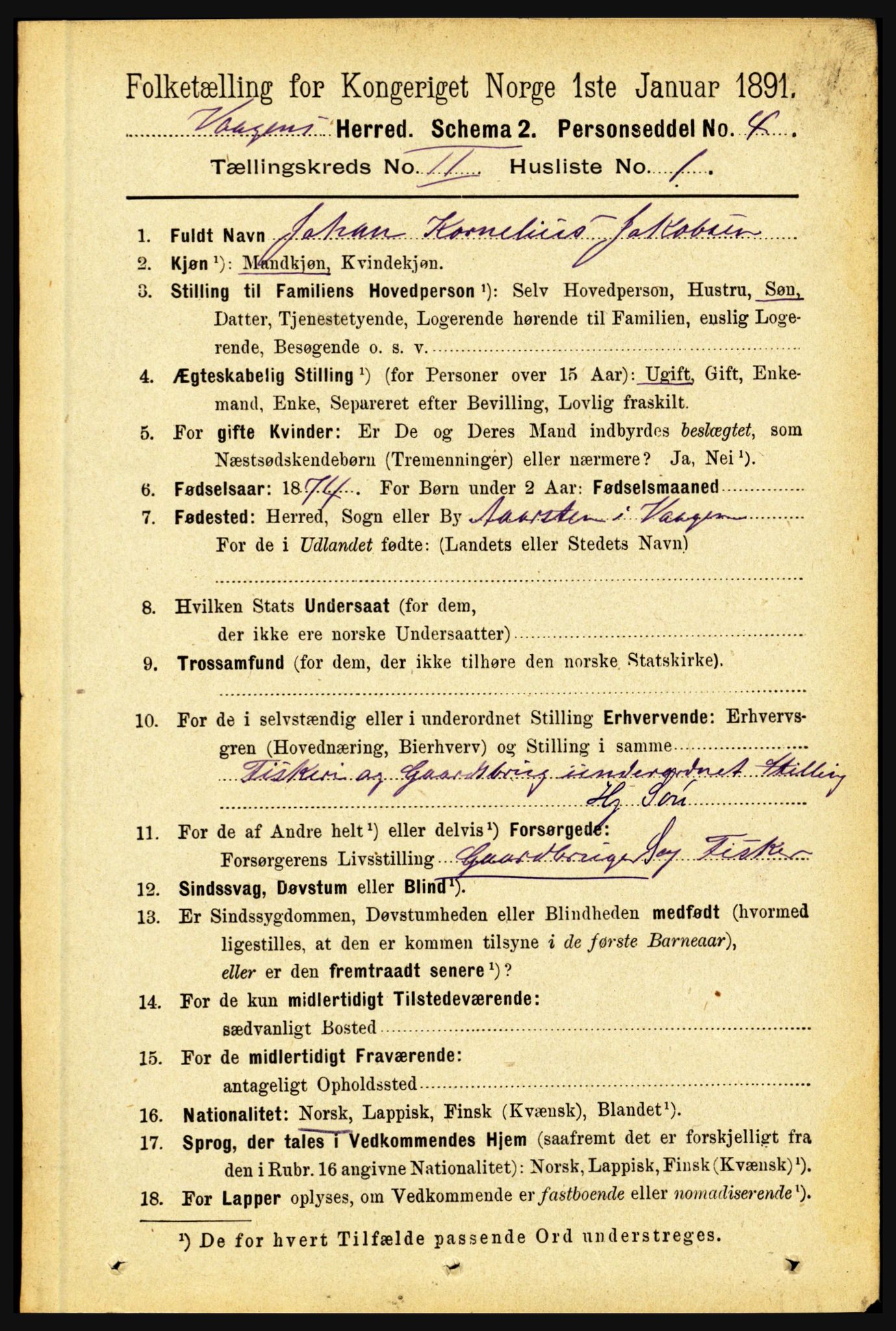 RA, 1891 census for 1865 Vågan, 1891, p. 419