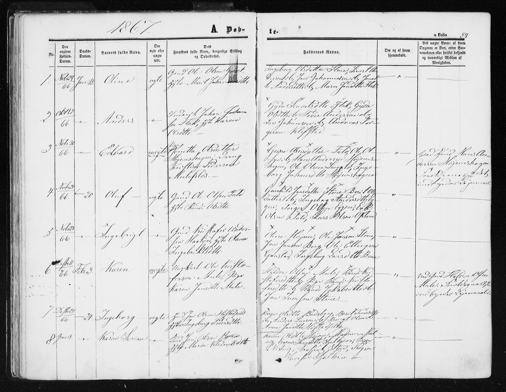 Ministerialprotokoller, klokkerbøker og fødselsregistre - Sør-Trøndelag, SAT/A-1456/612/L0377: Parish register (official) no. 612A09, 1859-1877, p. 54