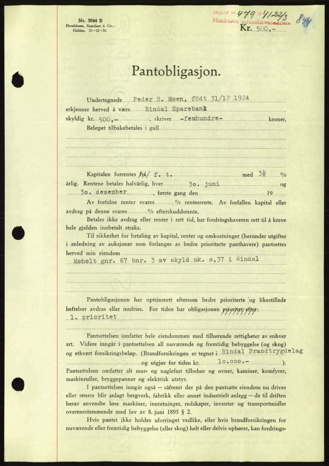 Nordmøre sorenskriveri, AV/SAT-A-4132/1/2/2Ca: Mortgage book no. B87, 1940-1941, Diary no: : 479/1941