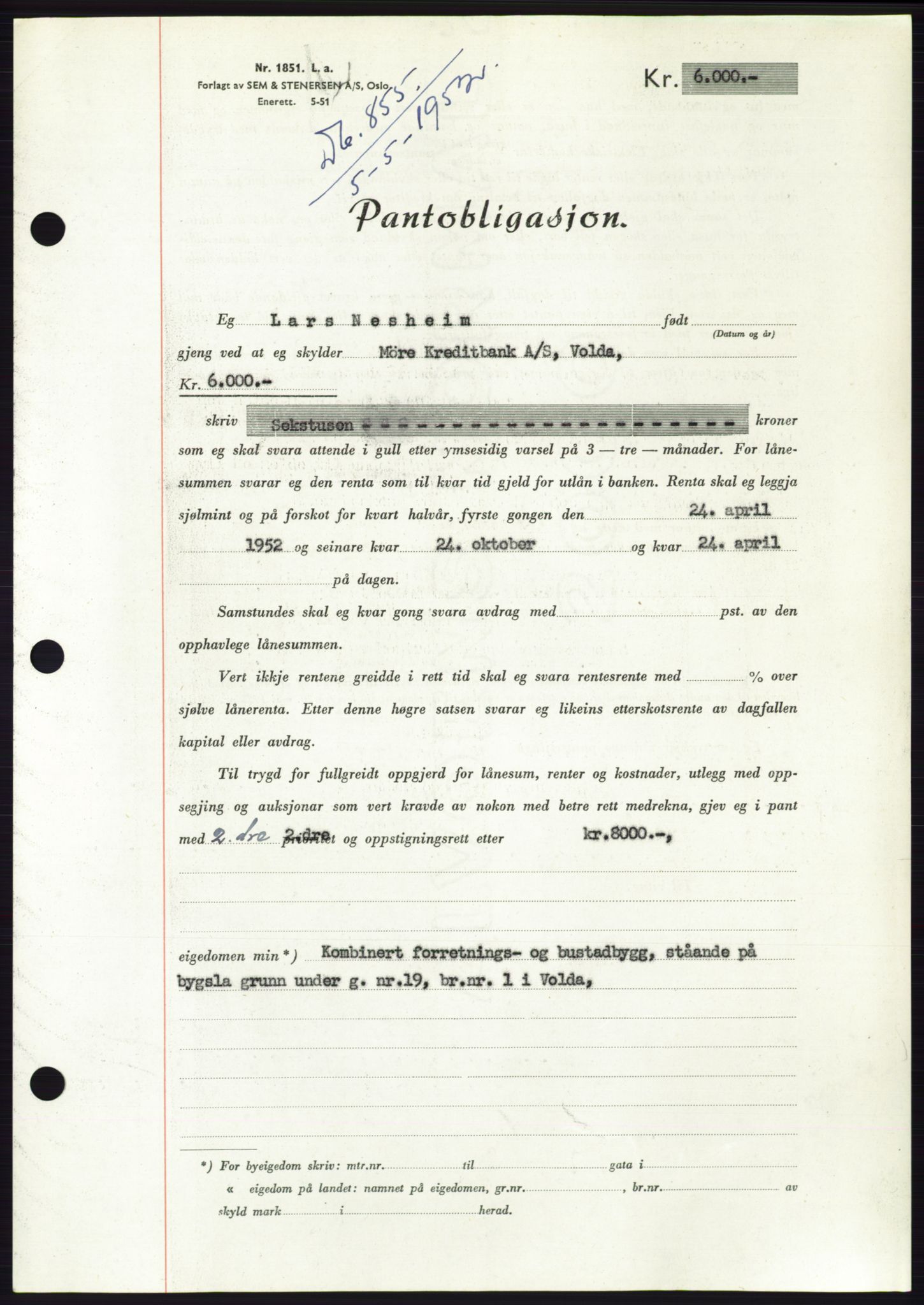 Søre Sunnmøre sorenskriveri, AV/SAT-A-4122/1/2/2C/L0121: Mortgage book no. 9B, 1951-1952, Diary no: : 855/1952