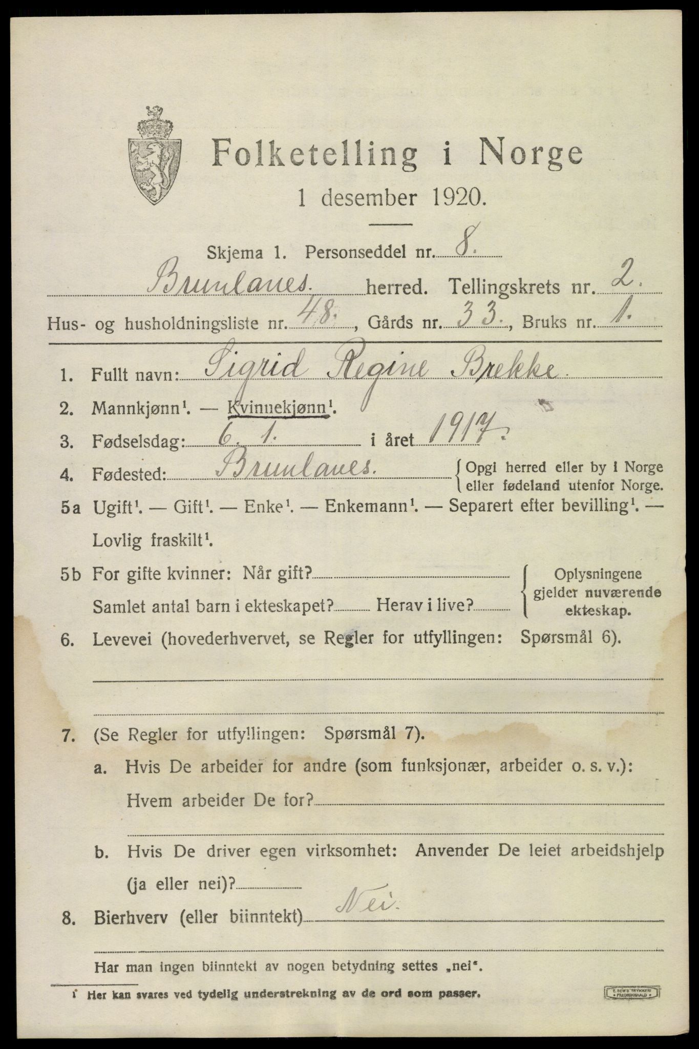 SAKO, 1920 census for Brunlanes, 1920, p. 3815
