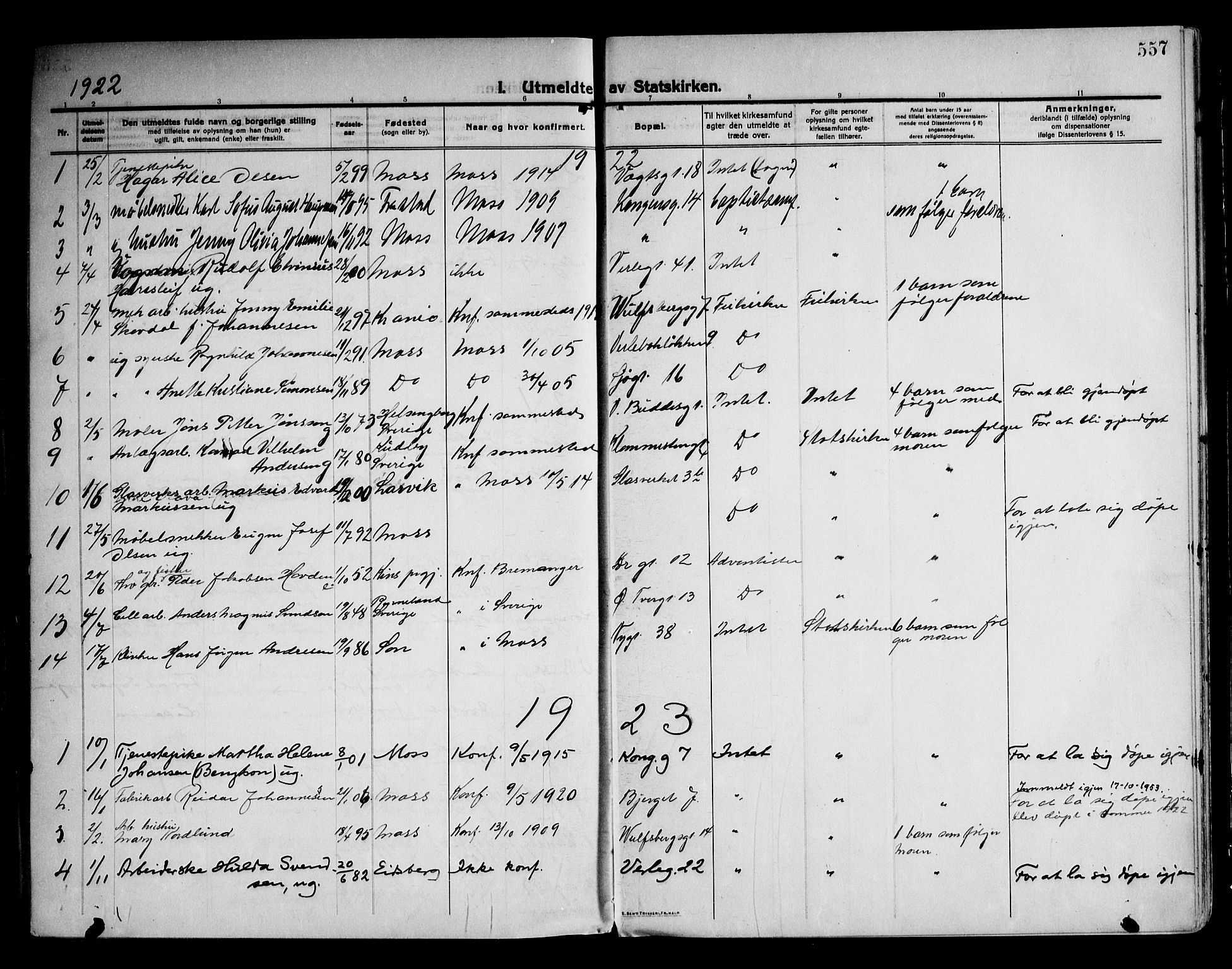 Moss prestekontor Kirkebøker, SAO/A-2003/F/Fb/L0005: Parish register (official) no. II 5, 1913-1923, p. 557
