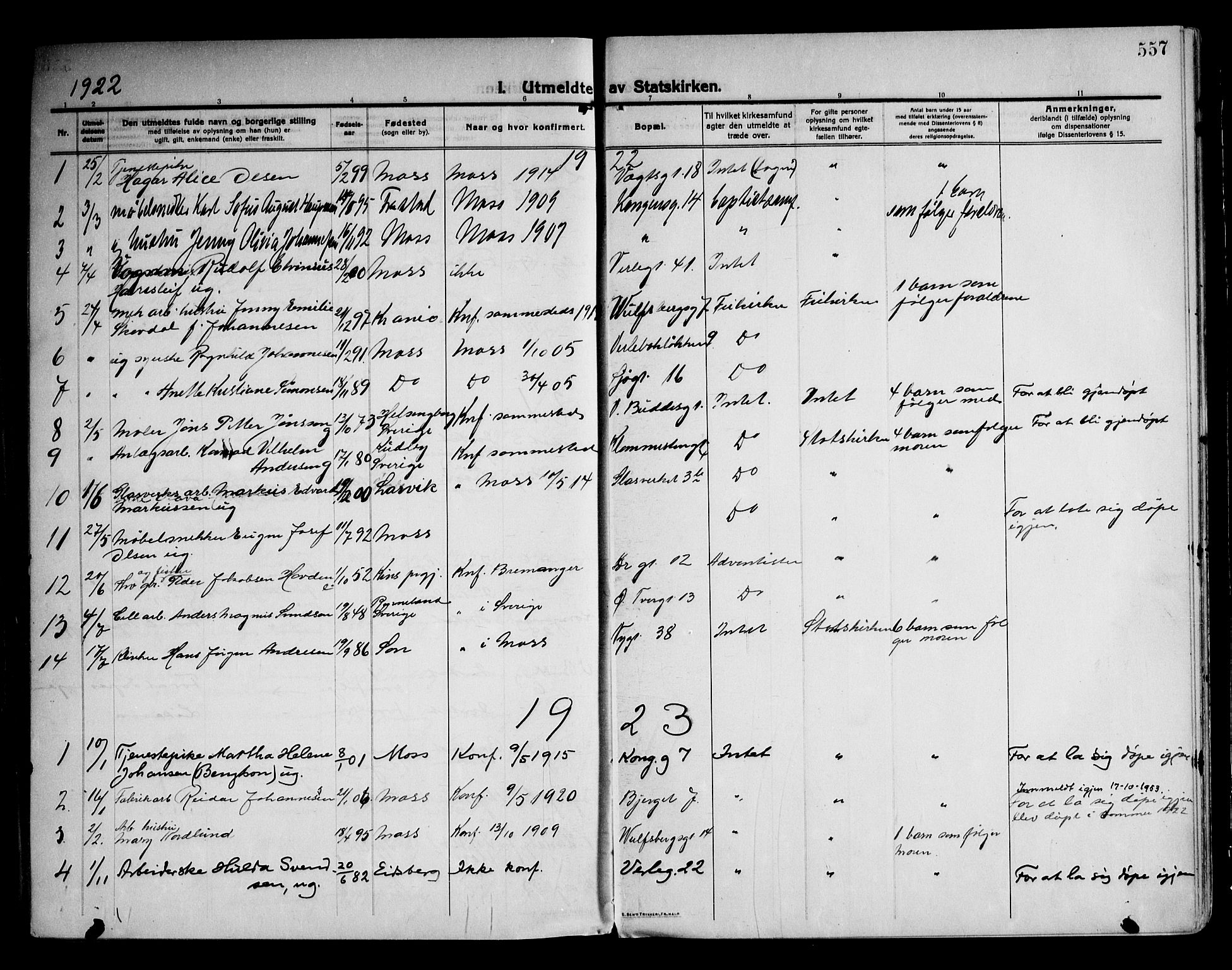 Moss prestekontor Kirkebøker, AV/SAO-A-2003/F/Fb/L0005: Parish register (official) no. II 5, 1913-1923, p. 557