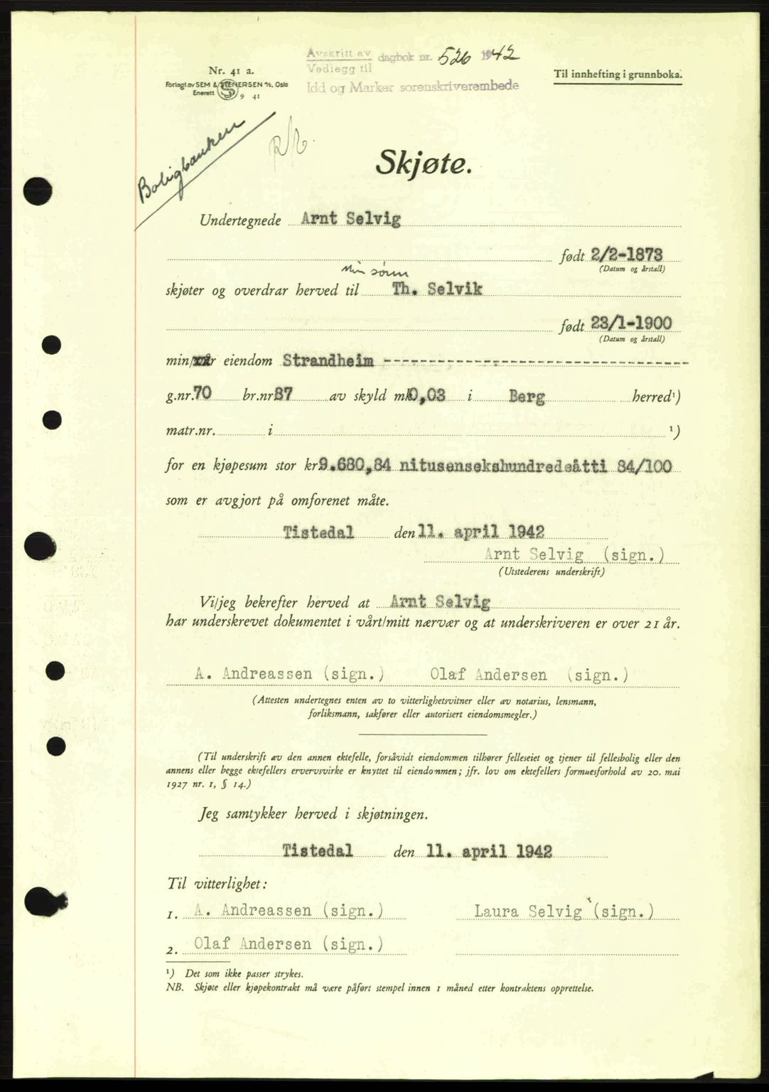 Idd og Marker sorenskriveri, AV/SAO-A-10283/G/Gb/Gbb/L0005: Mortgage book no. A5, 1941-1943, Diary no: : 526/1942