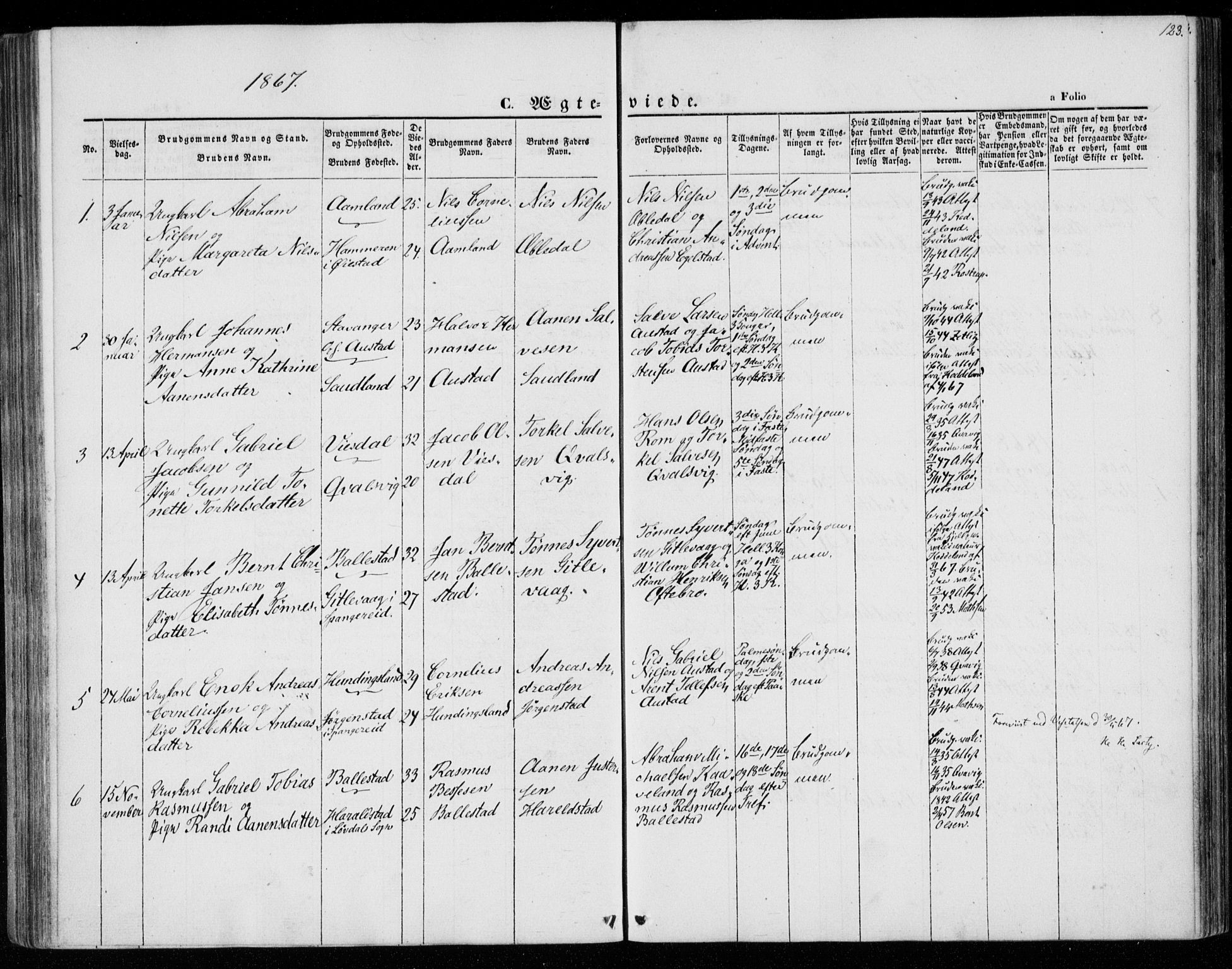 Lyngdal sokneprestkontor, SAK/1111-0029/F/Fa/Faa/L0002: Parish register (official) no. A 2, 1858-1870, p. 123