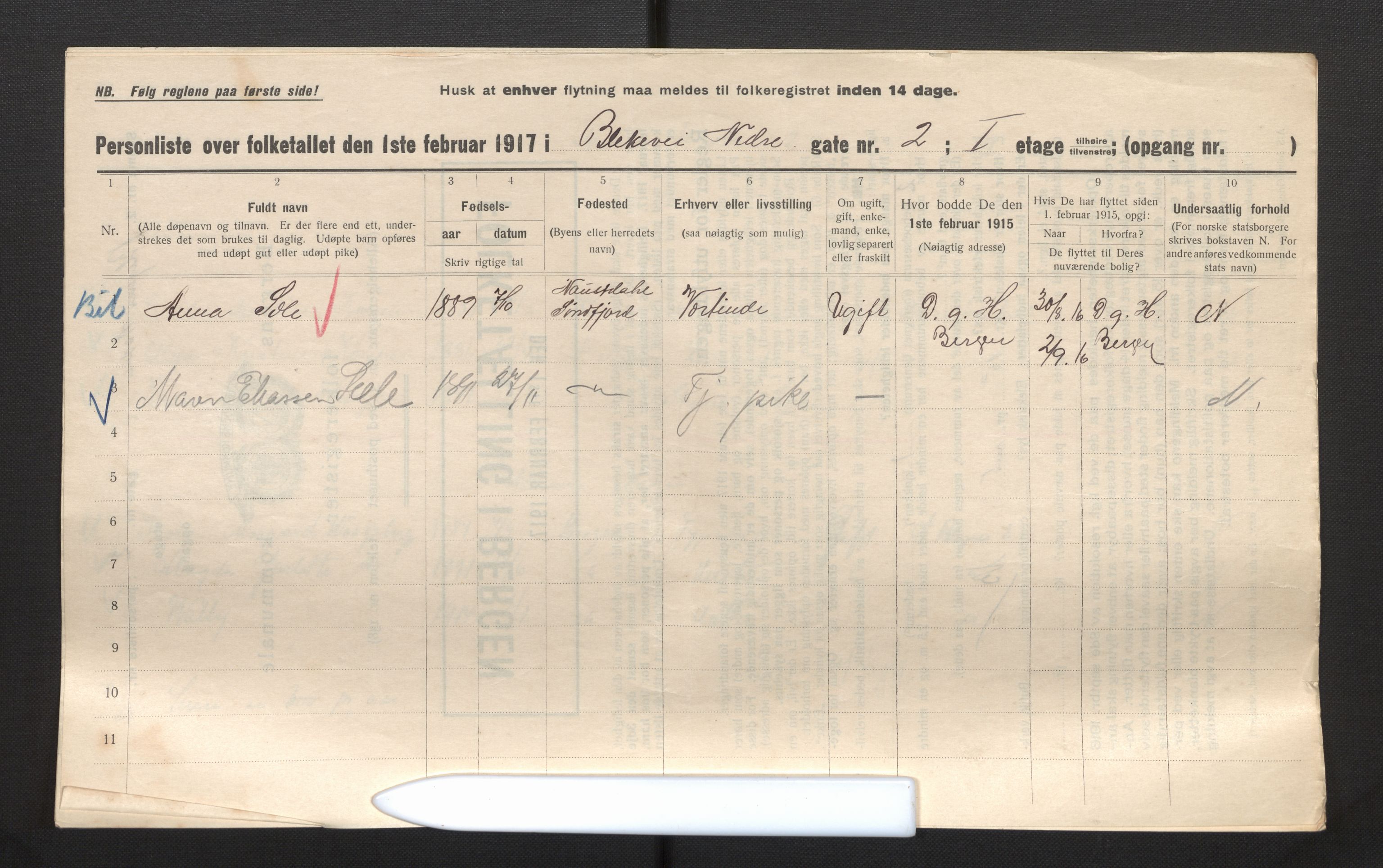 SAB, Municipal Census 1917 for Bergen, 1917, p. 2843