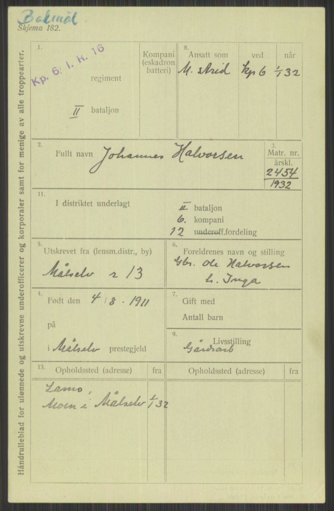 Forsvaret, Troms infanteriregiment nr. 16, AV/RA-RAFA-3146/P/Pa/L0016: Rulleblad for regimentets menige mannskaper, årsklasse 1932, 1932, p. 395