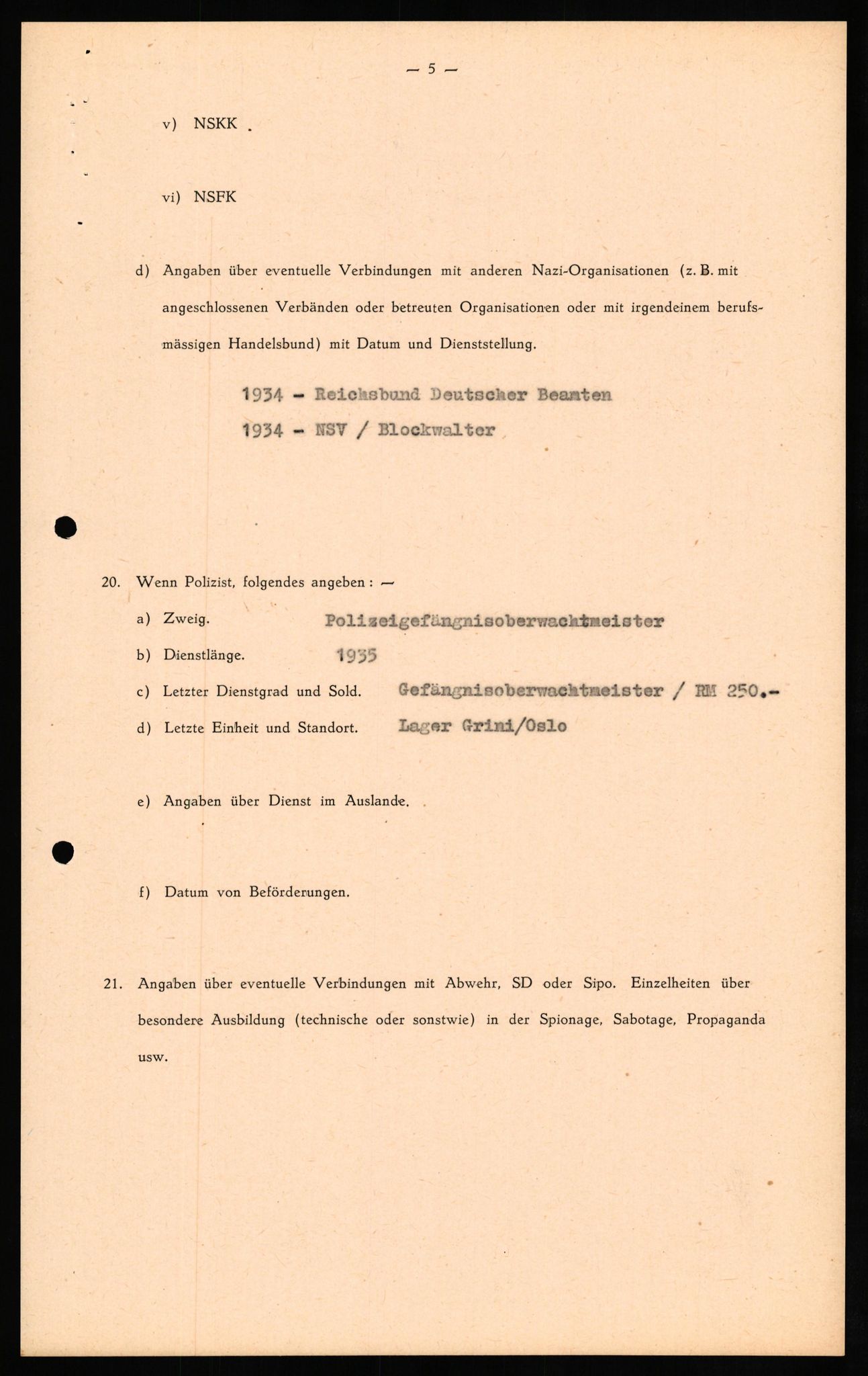 Forsvaret, Forsvarets overkommando II, RA/RAFA-3915/D/Db/L0029: CI Questionaires. Tyske okkupasjonsstyrker i Norge. Tyskere., 1945-1946, p. 145