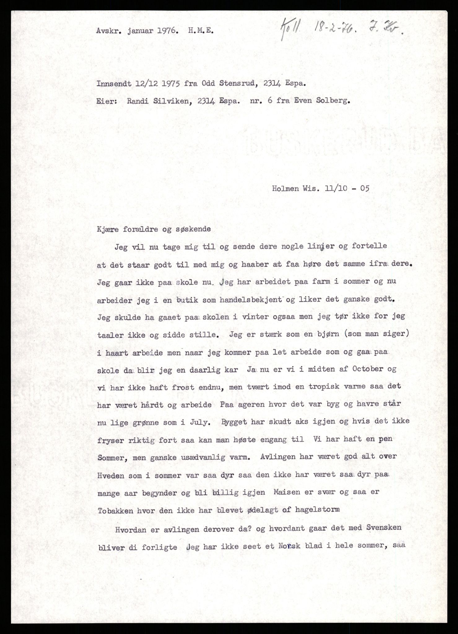 Samlinger til kildeutgivelse, Amerikabrevene, AV/RA-EA-4057/F/L0009: Innlån fra Hedmark: Statsarkivet i Hamar - Wærenskjold, 1838-1914, p. 211