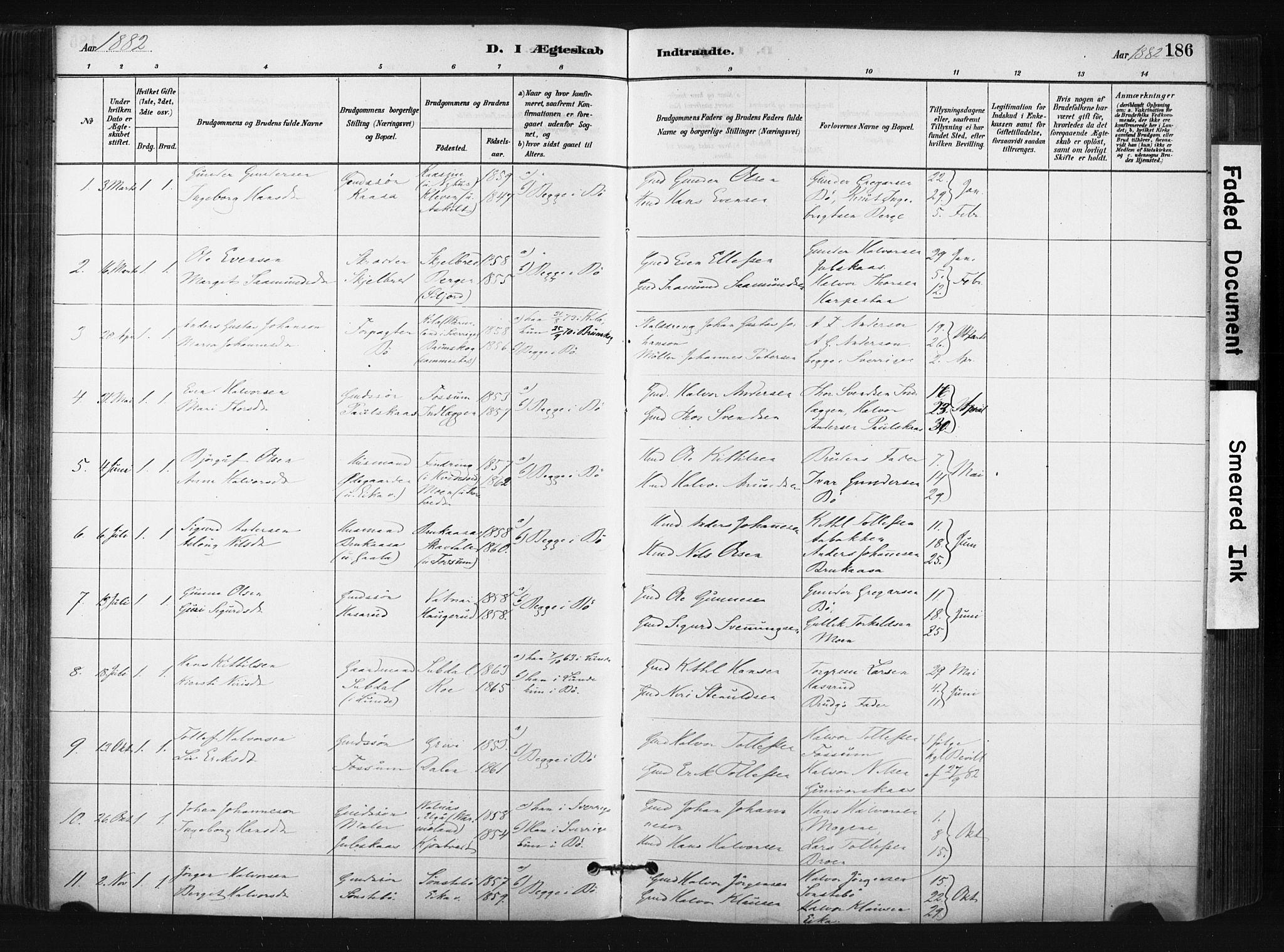 Bø kirkebøker, SAKO/A-257/F/Fa/L0010: Parish register (official) no. 10, 1880-1892, p. 186