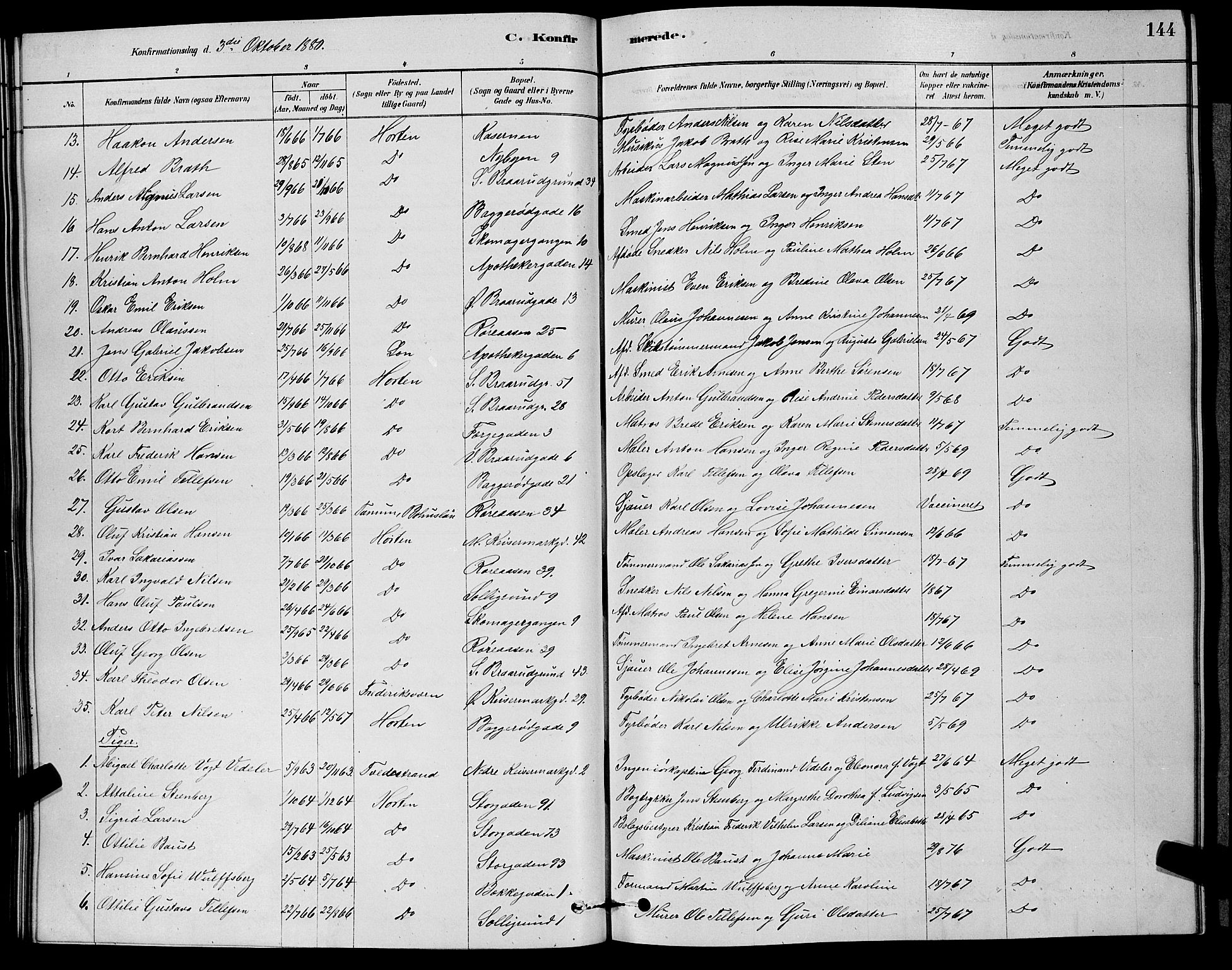 Horten kirkebøker, AV/SAKO-A-348/G/Ga/L0003: Parish register (copy) no. 4, 1878-1887, p. 144