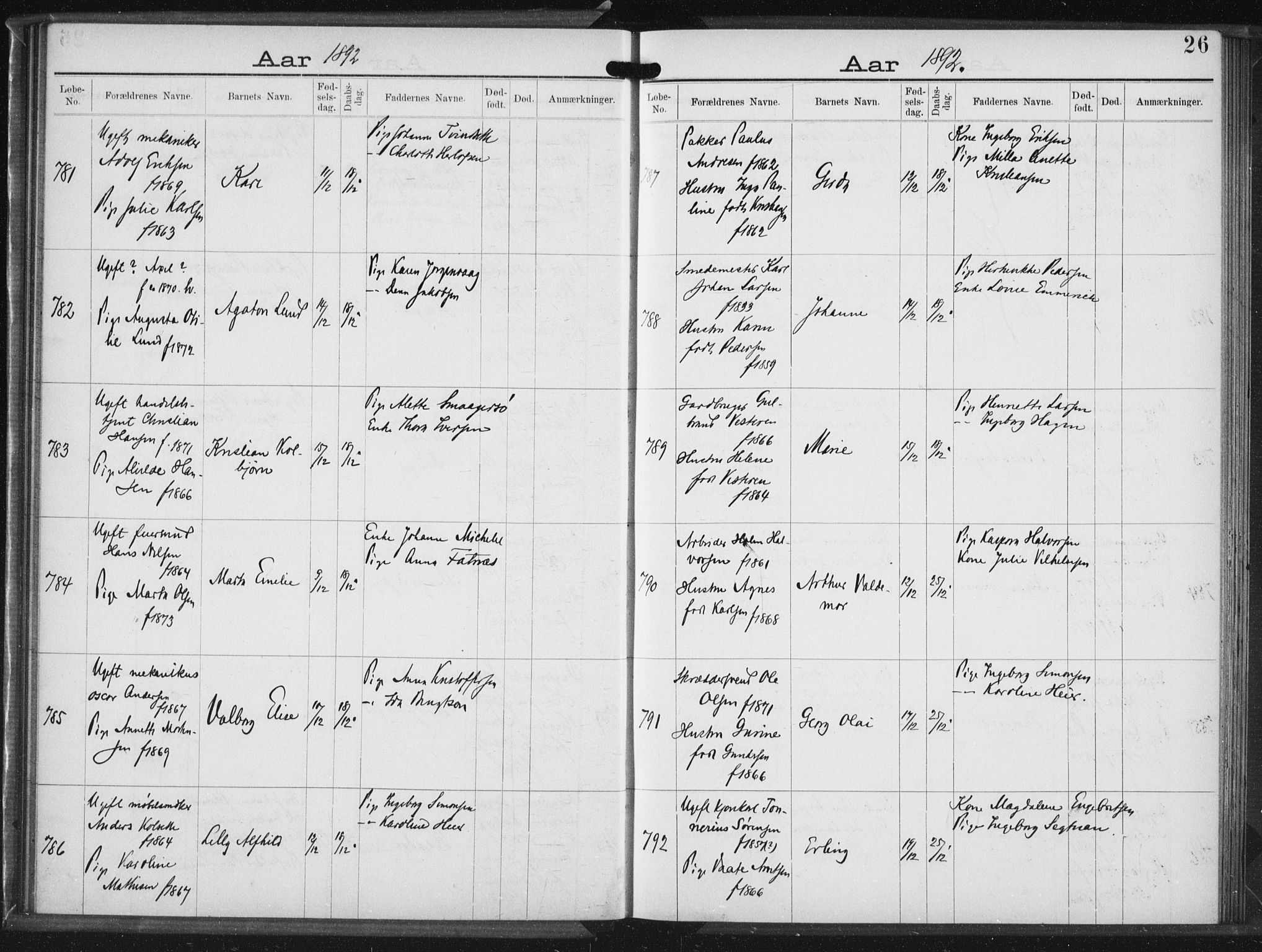 Rikshospitalet prestekontor Kirkebøker, AV/SAO-A-10309b/K/L0004/0001: Baptism register no. 4.1, 1892-1895, p. 26