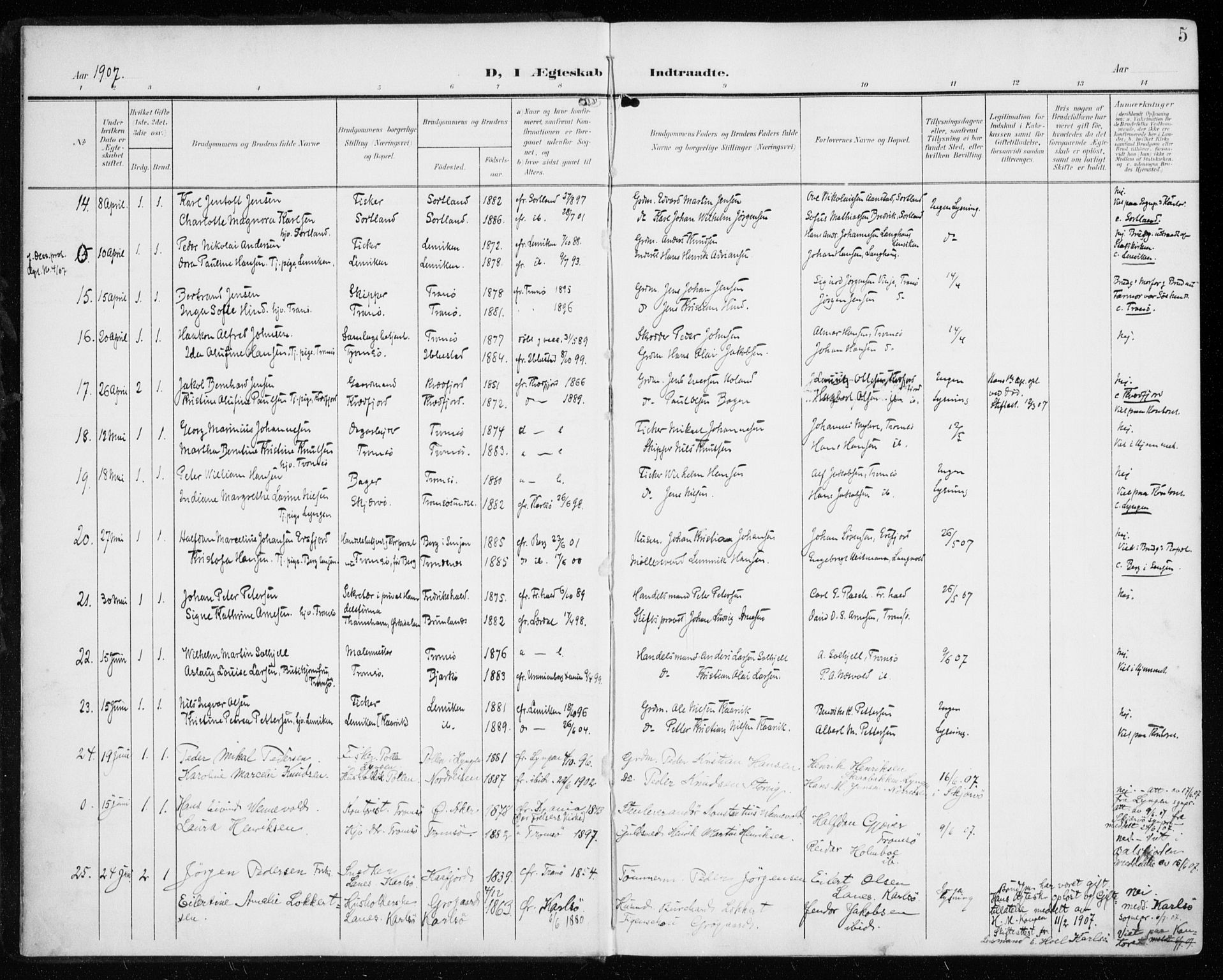 Tromsø sokneprestkontor/stiftsprosti/domprosti, AV/SATØ-S-1343/G/Ga/L0018kirke: Parish register (official) no. 18, 1907-1917, p. 5