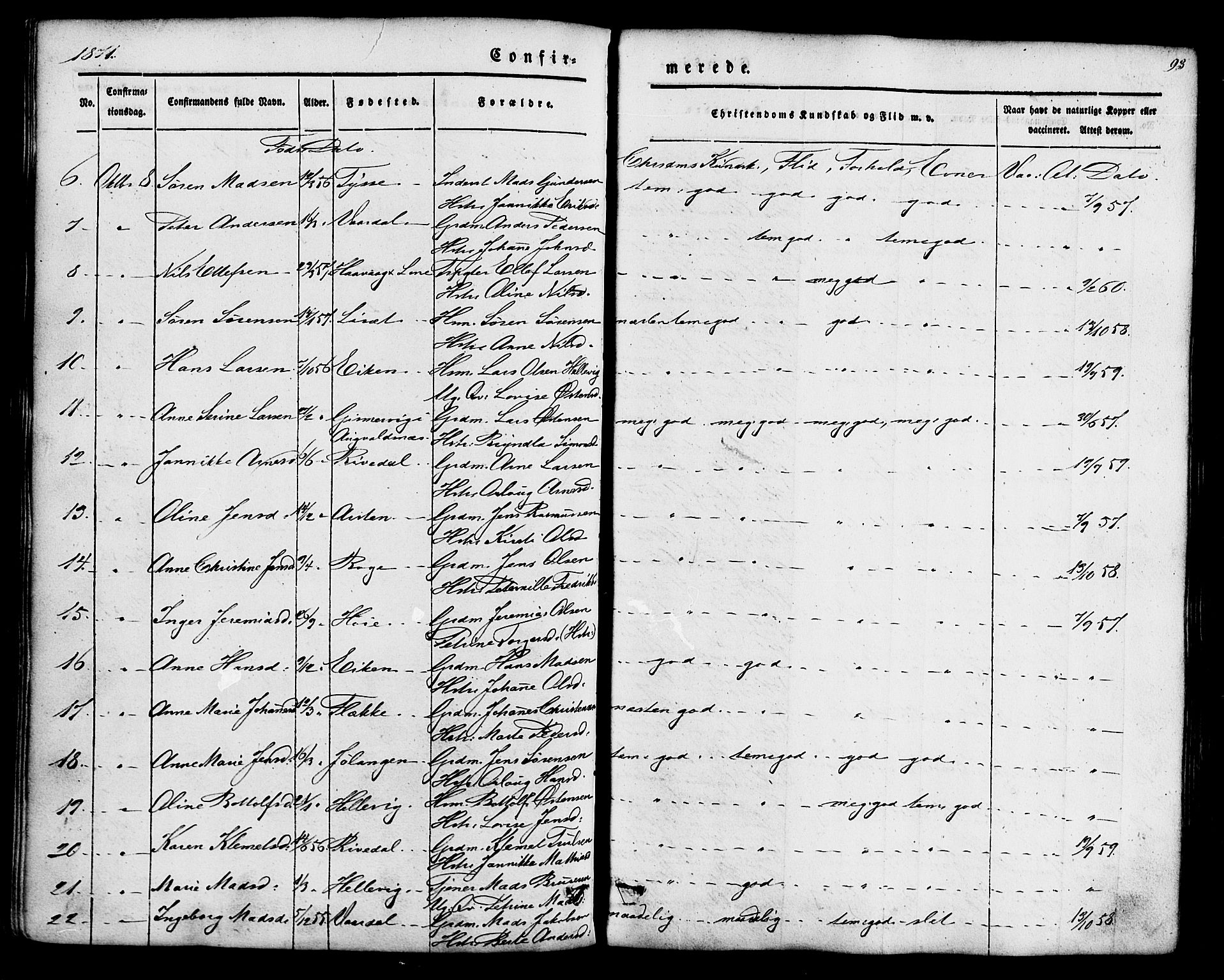 Fjaler sokneprestembete, AV/SAB-A-79801/H/Haa/Haaa/L0008: Parish register (official) no. A 8, 1850-1886, p. 93