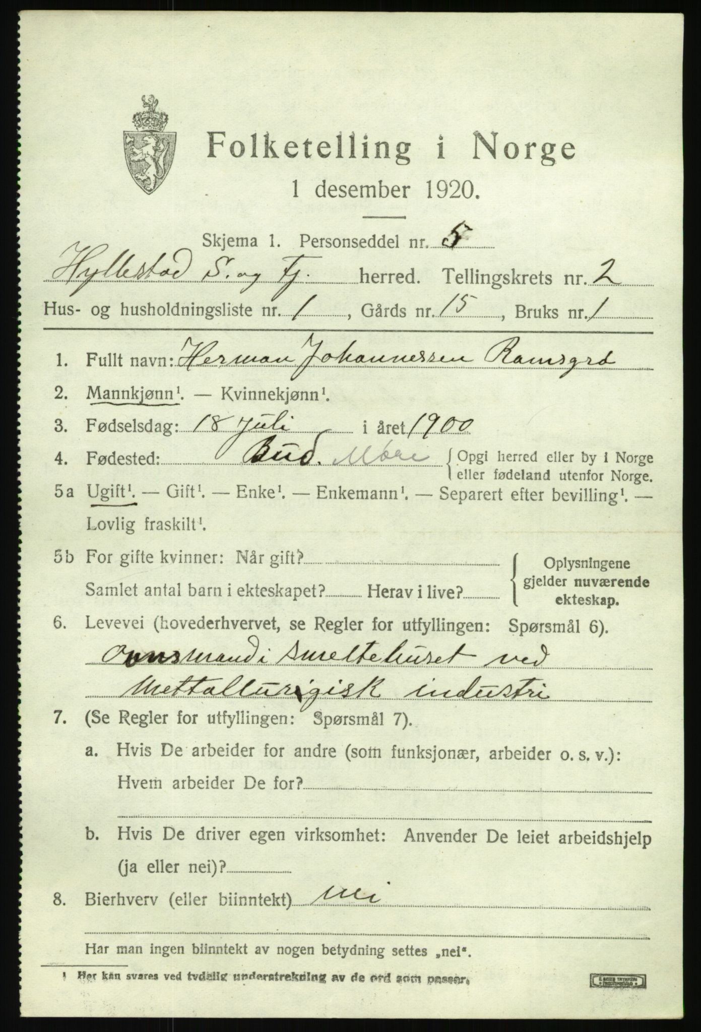 SAB, 1920 census for Hyllestad, 1920, p. 1386