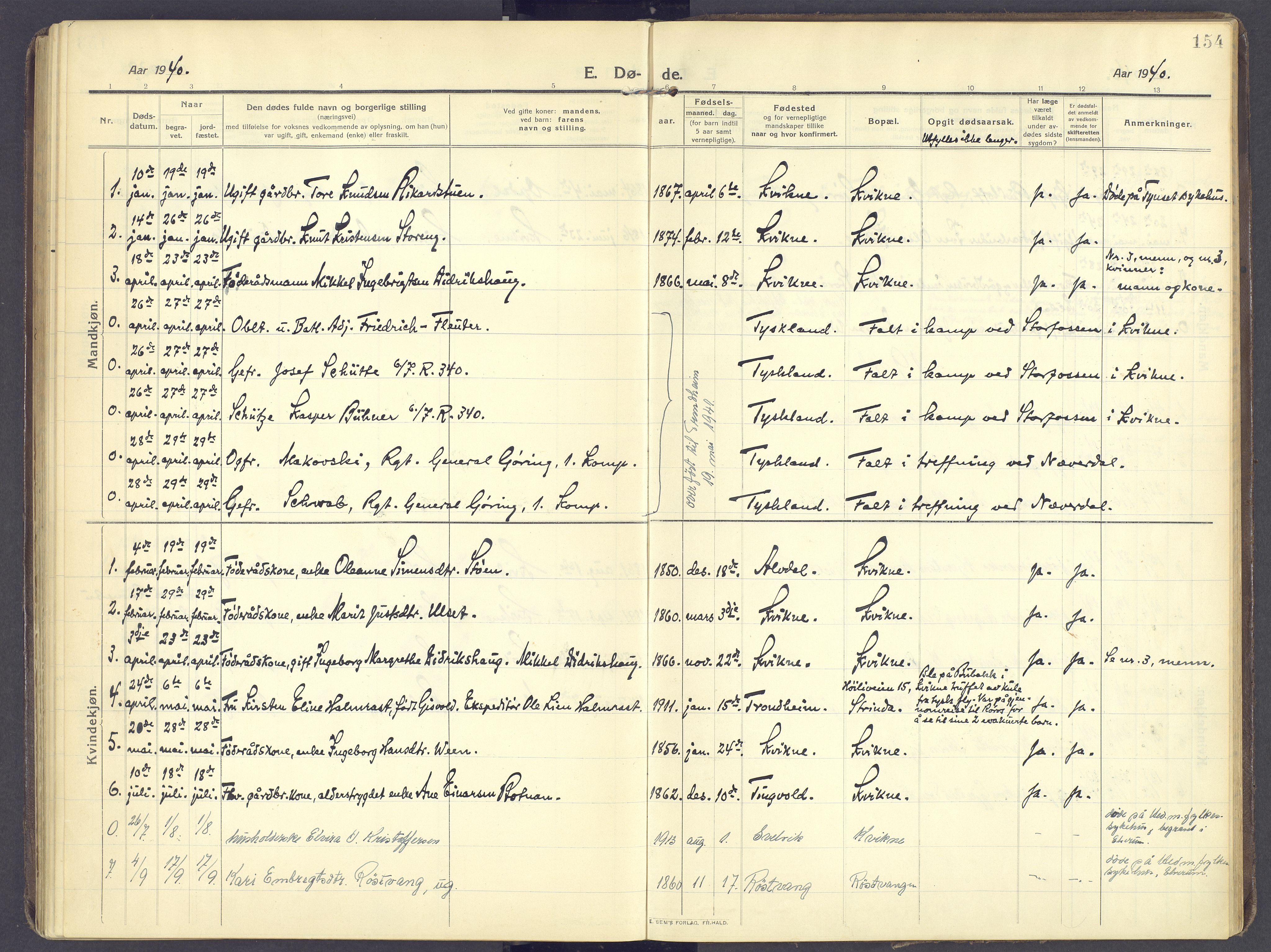 Kvikne prestekontor, AV/SAH-PREST-064/H/Ha/Haa/L0009: Parish register (official) no. 9, 1911-1942, p. 154