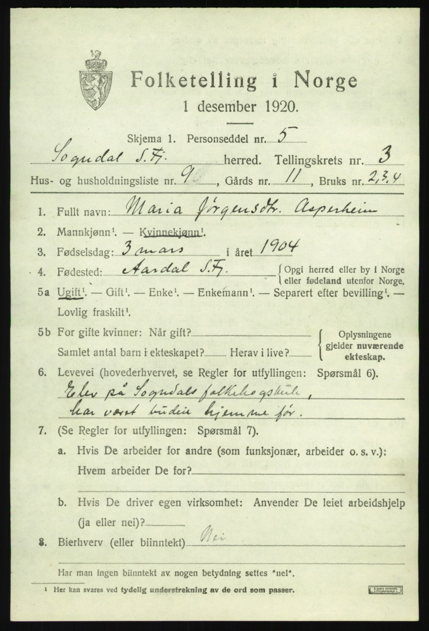 SAB, 1920 census for Sogndal, 1920, p. 2209