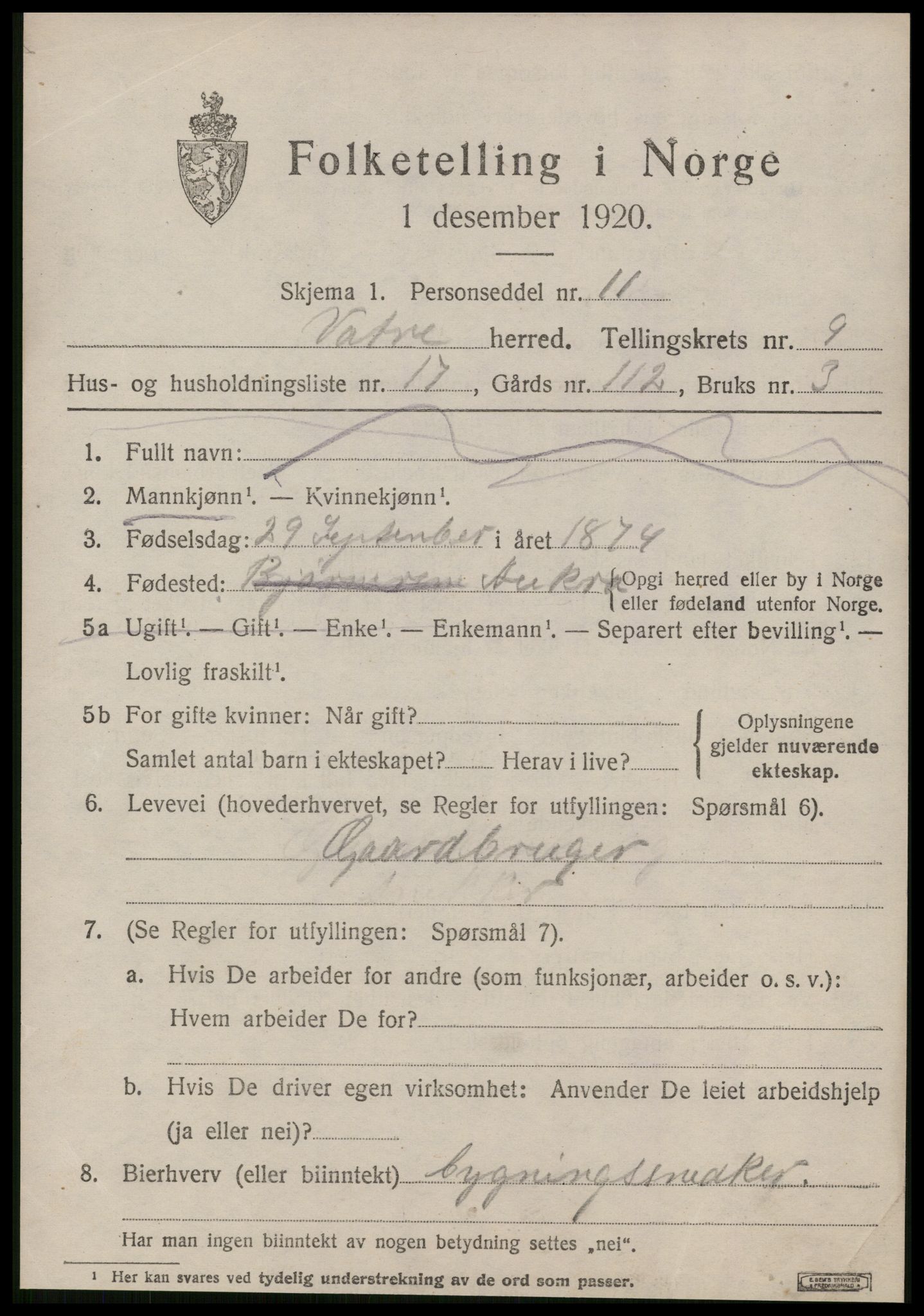 SAT, 1920 census for Vatne, 1920, p. 3916