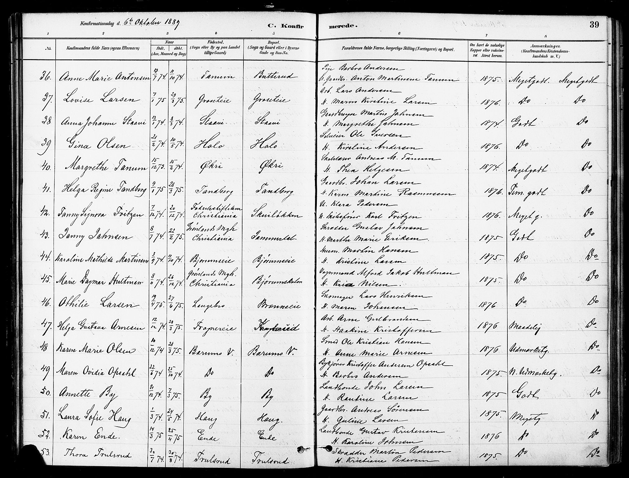 Asker prestekontor Kirkebøker, SAO/A-10256a/F/Fb/L0002: Parish register (official) no. II 2, 1879-1921, p. 39
