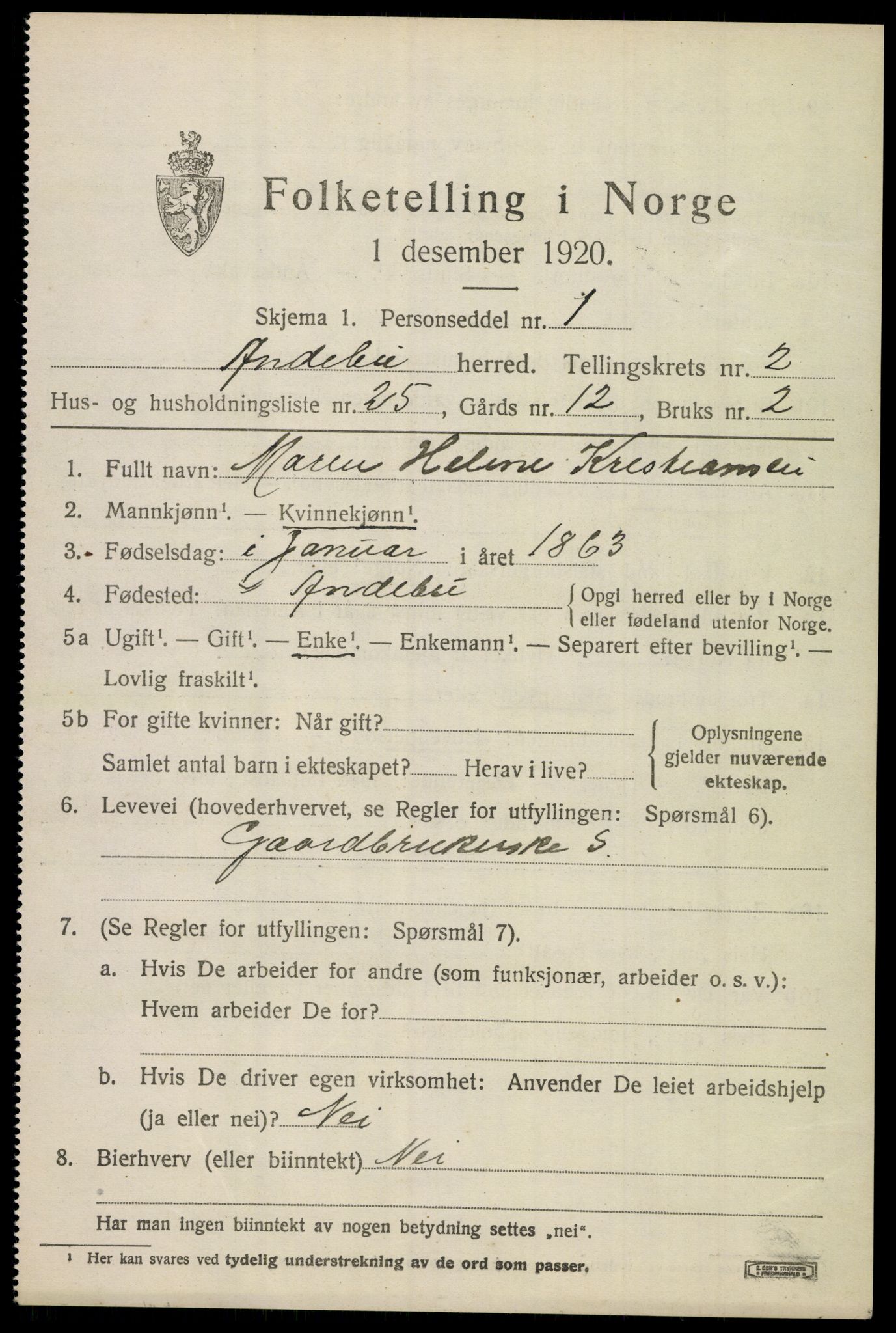 SAKO, 1920 census for Andebu, 1920, p. 1824