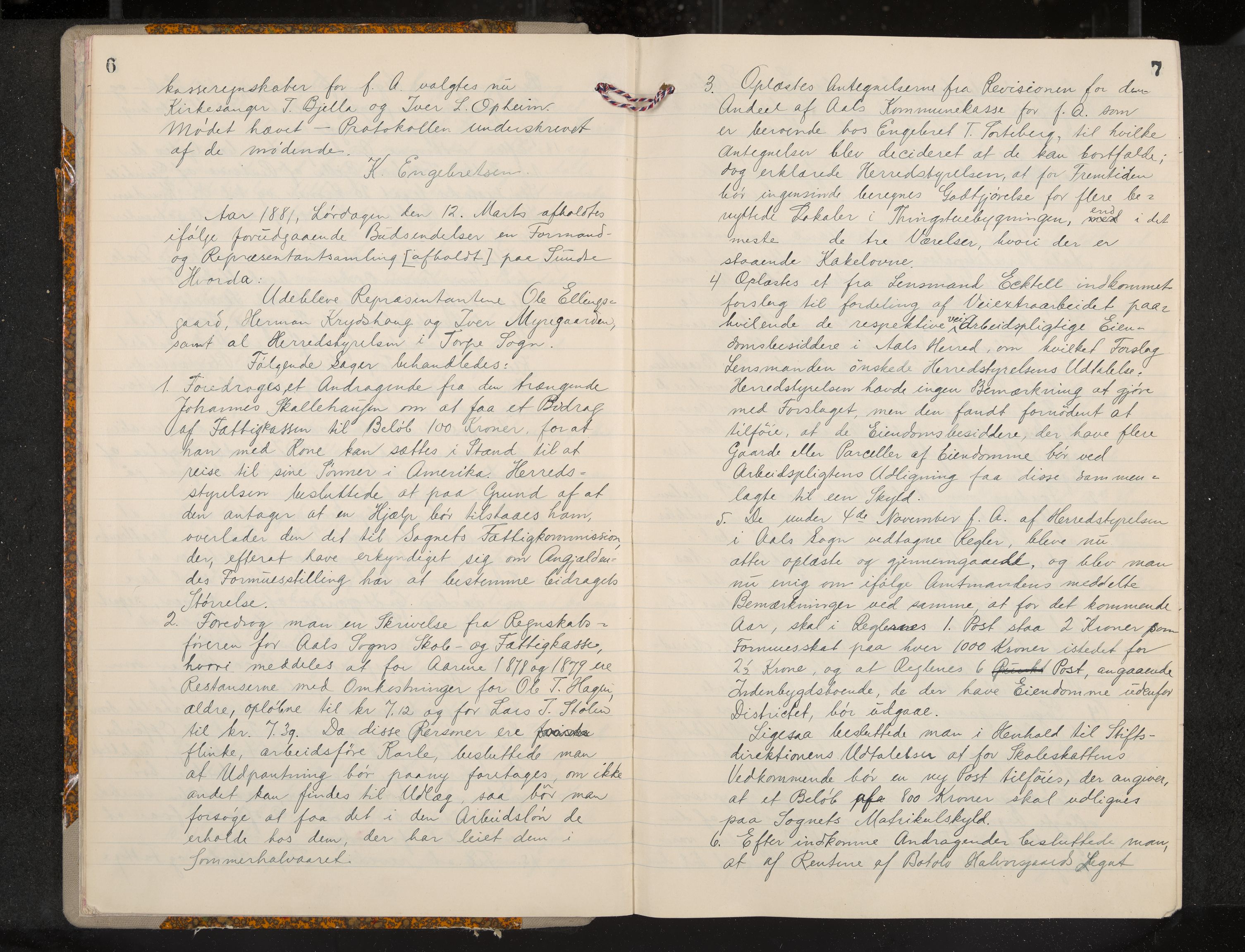 Ål formannskap og sentraladministrasjon, IKAK/0619021/A/Aa/L0004: Utskrift av møtebok, 1881-1901, p. 6-7