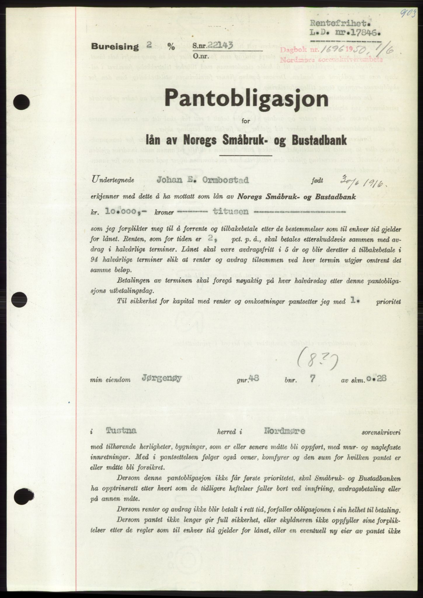 Nordmøre sorenskriveri, AV/SAT-A-4132/1/2/2Ca: Mortgage book no. B104, 1950-1950, Diary no: : 1696/1950