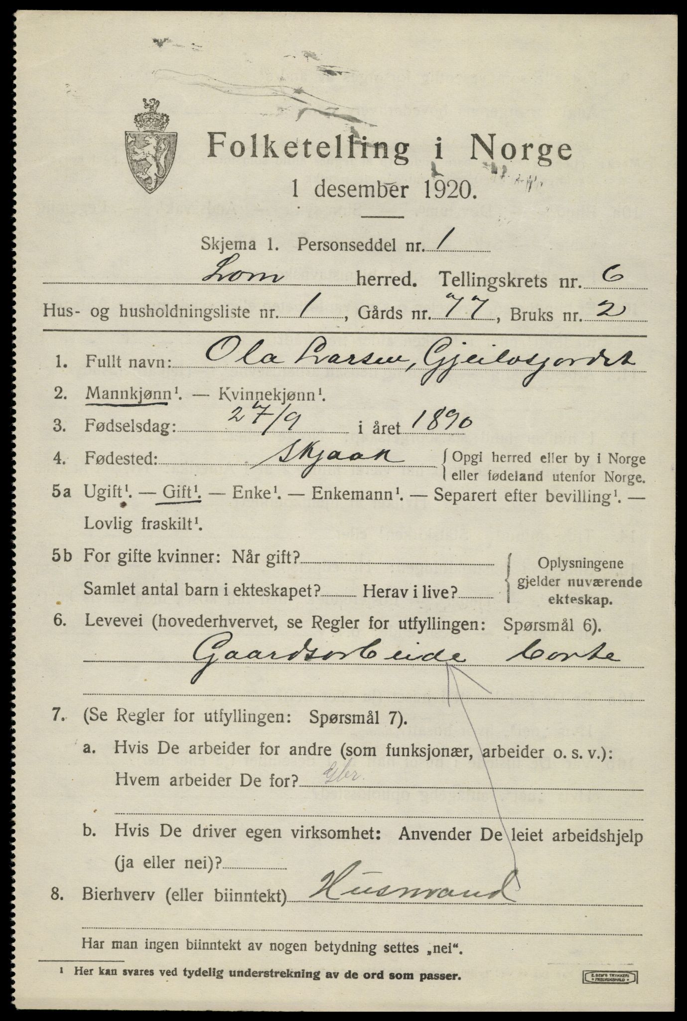 SAH, 1920 census for Lom, 1920, p. 3730