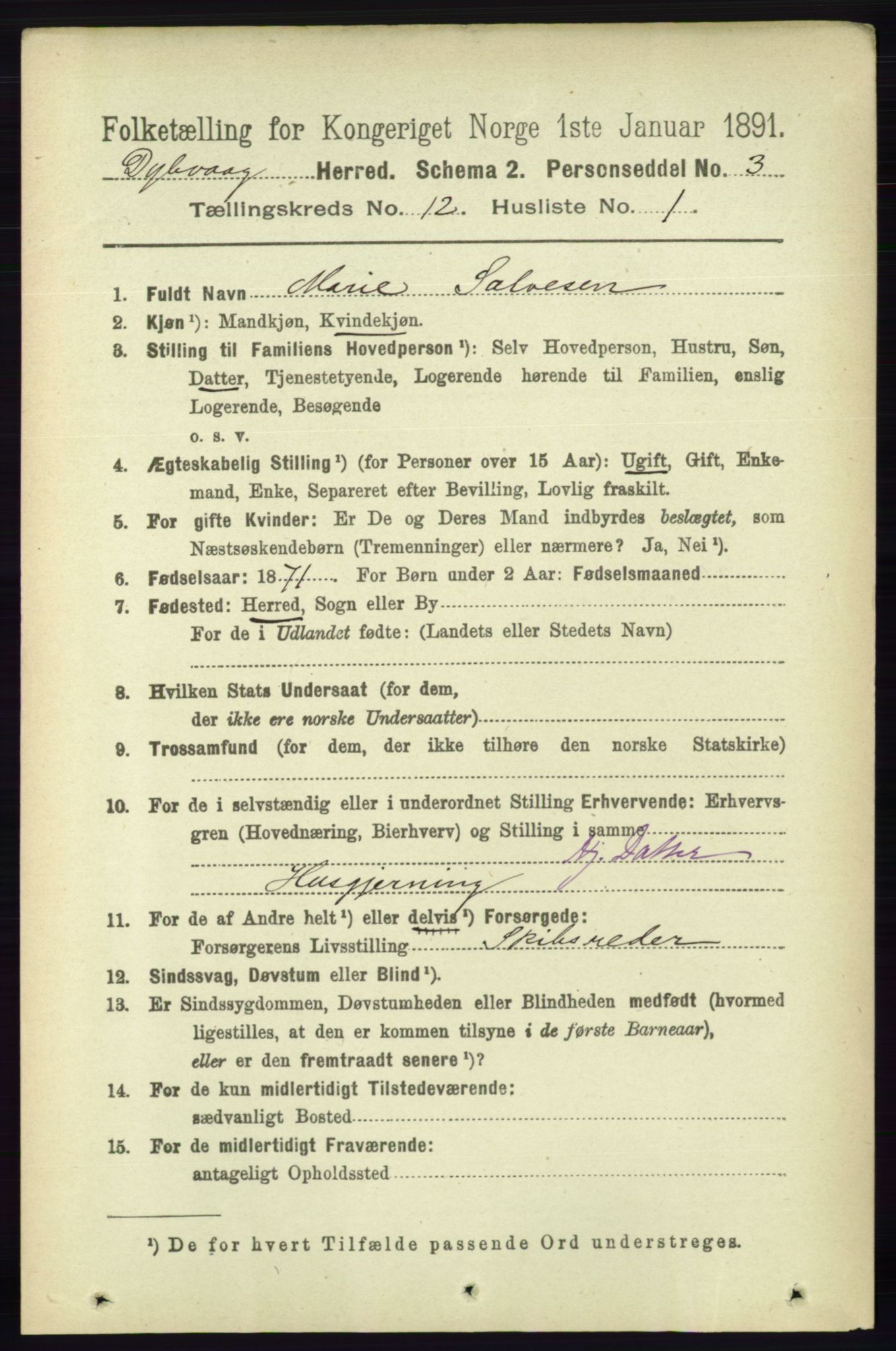 RA, 1891 census for 0915 Dypvåg, 1891, p. 4744