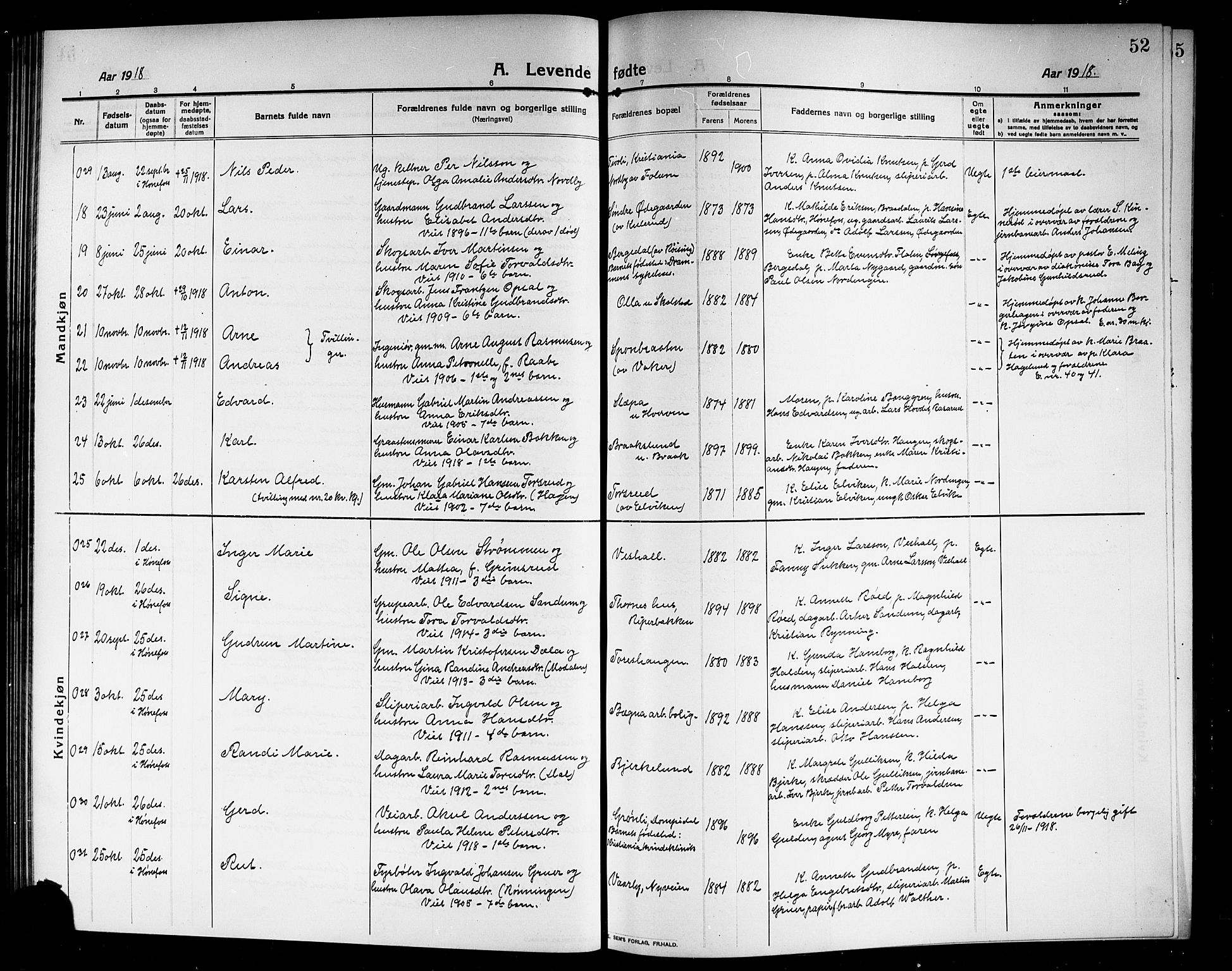 Norderhov kirkebøker, AV/SAKO-A-237/G/Ga/L0009: Parish register (copy) no. I 9, 1913-1920, p. 52