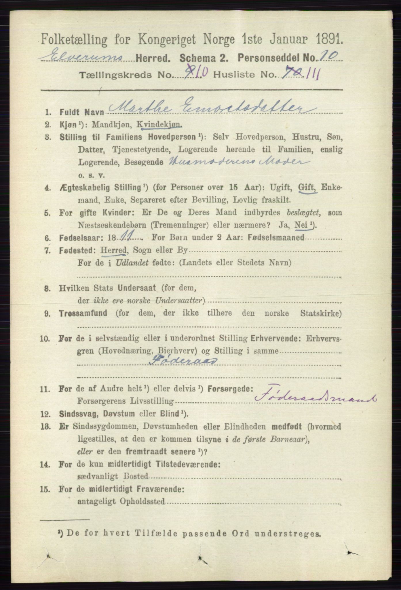 RA, 1891 census for 0427 Elverum, 1891, p. 8923