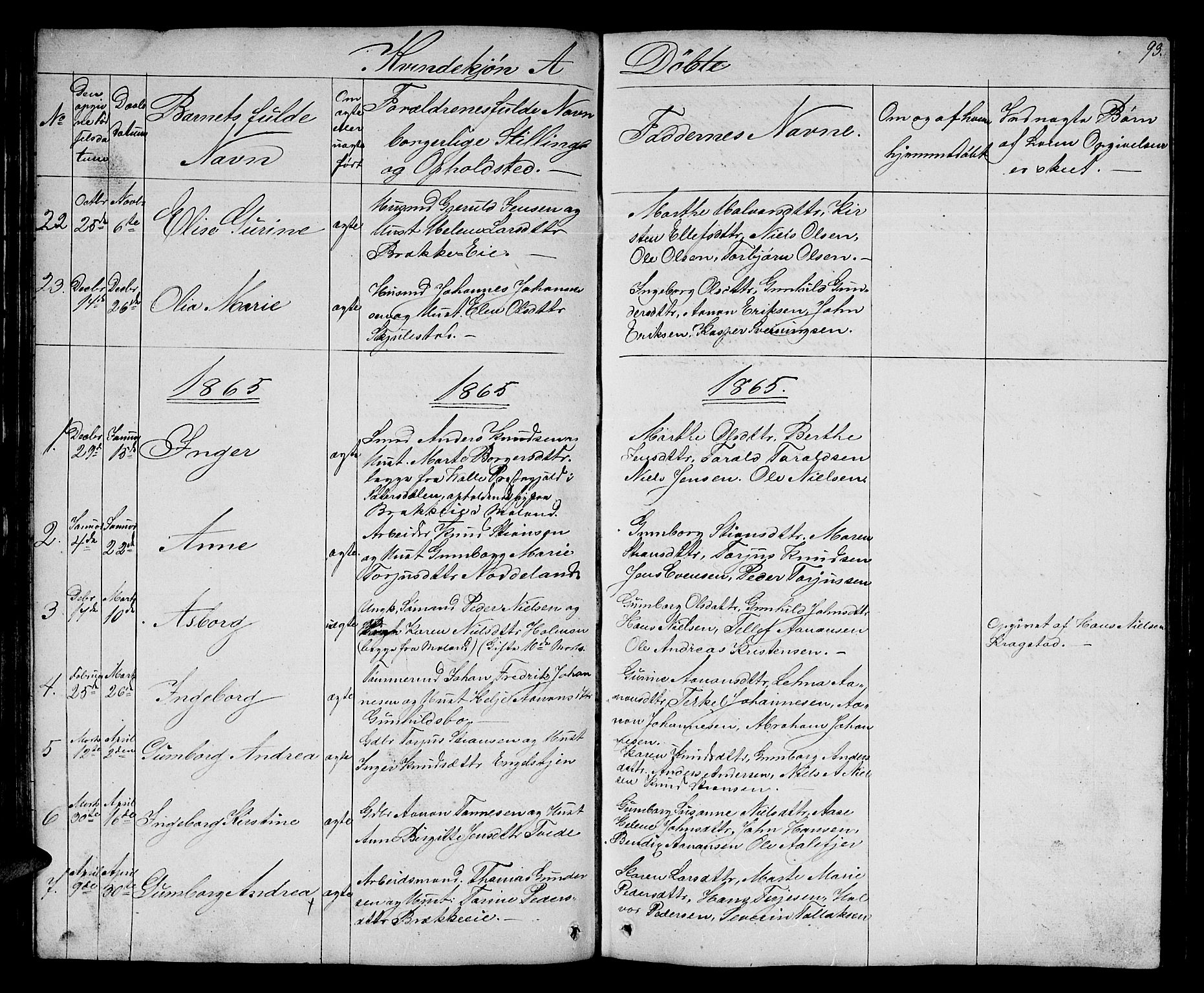 Austre Moland sokneprestkontor, AV/SAK-1111-0001/F/Fb/Fba/L0001: Parish register (copy) no. B 1, 1842-1868, p. 93