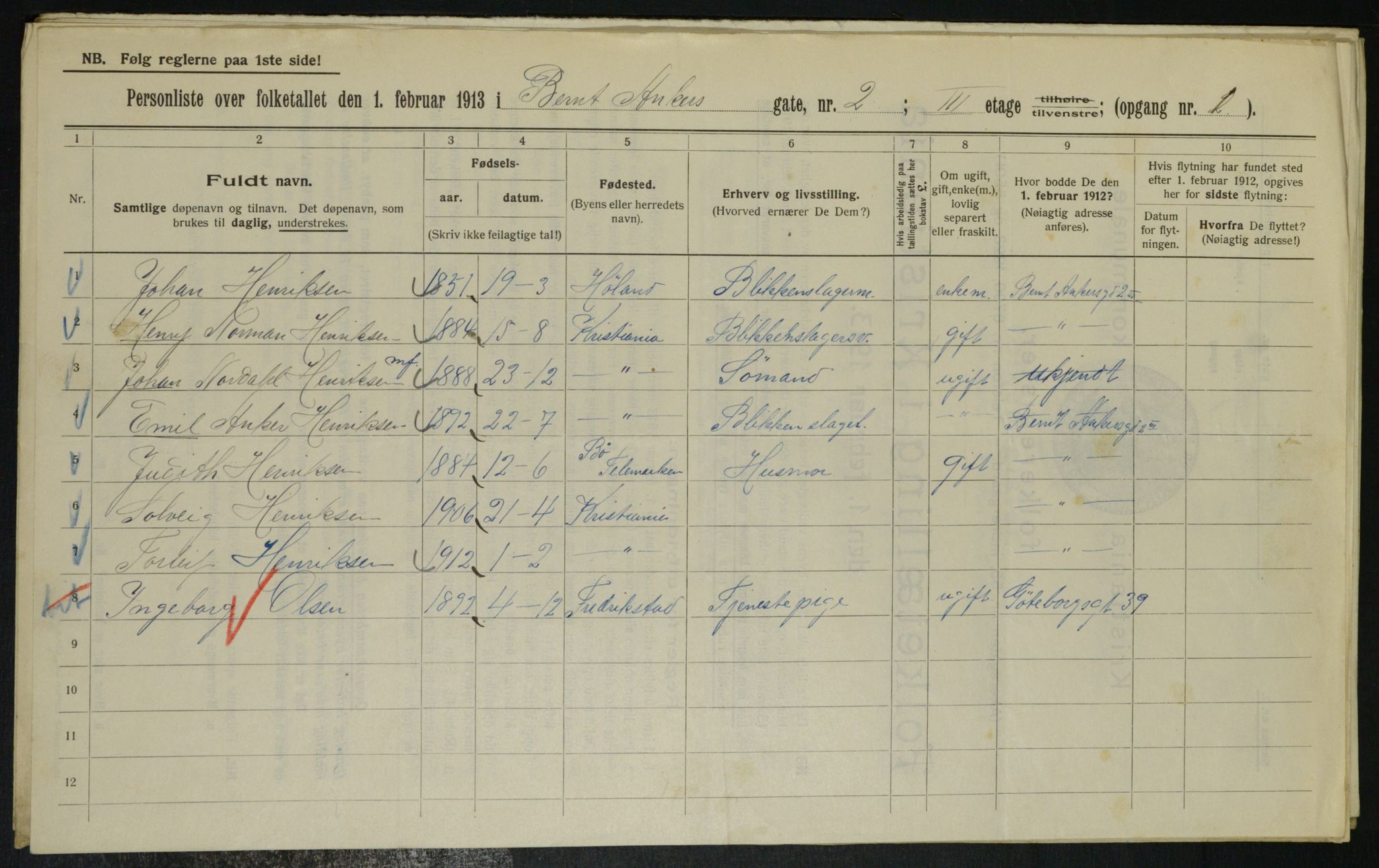 OBA, Municipal Census 1913 for Kristiania, 1913, p. 4412